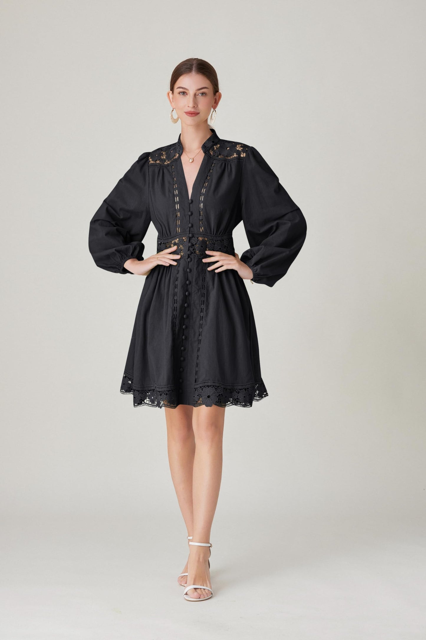 BK-Lace Lantern Long Sleeve Mini Dress - LAI MENG FIVE CATS