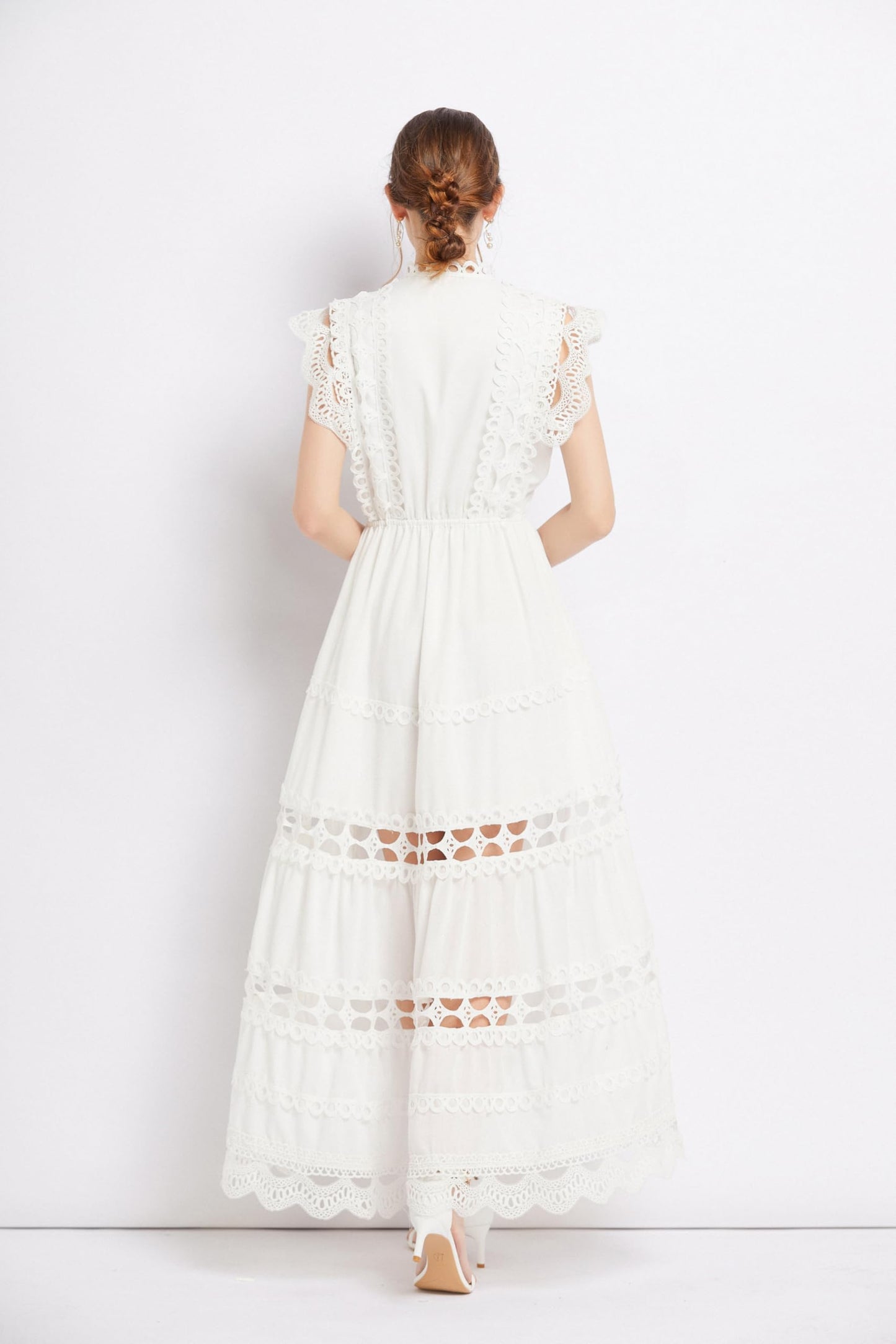 BK-Womens Lace Hollow Ruffled Maxi Dress - LAI MENG FIVE CATS