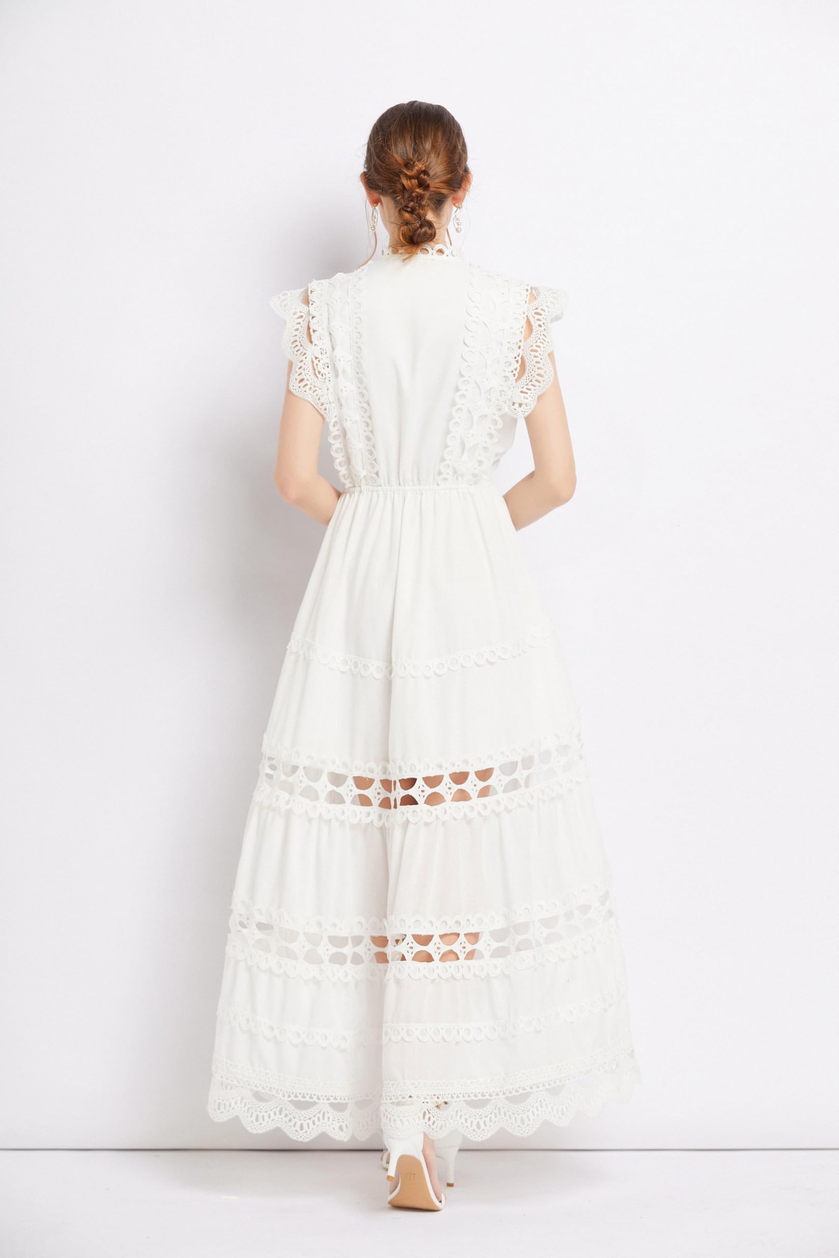 BK-Womens Lace Hollow Ruffled  Maxi  Dress - LAI MENG FIVE CATS