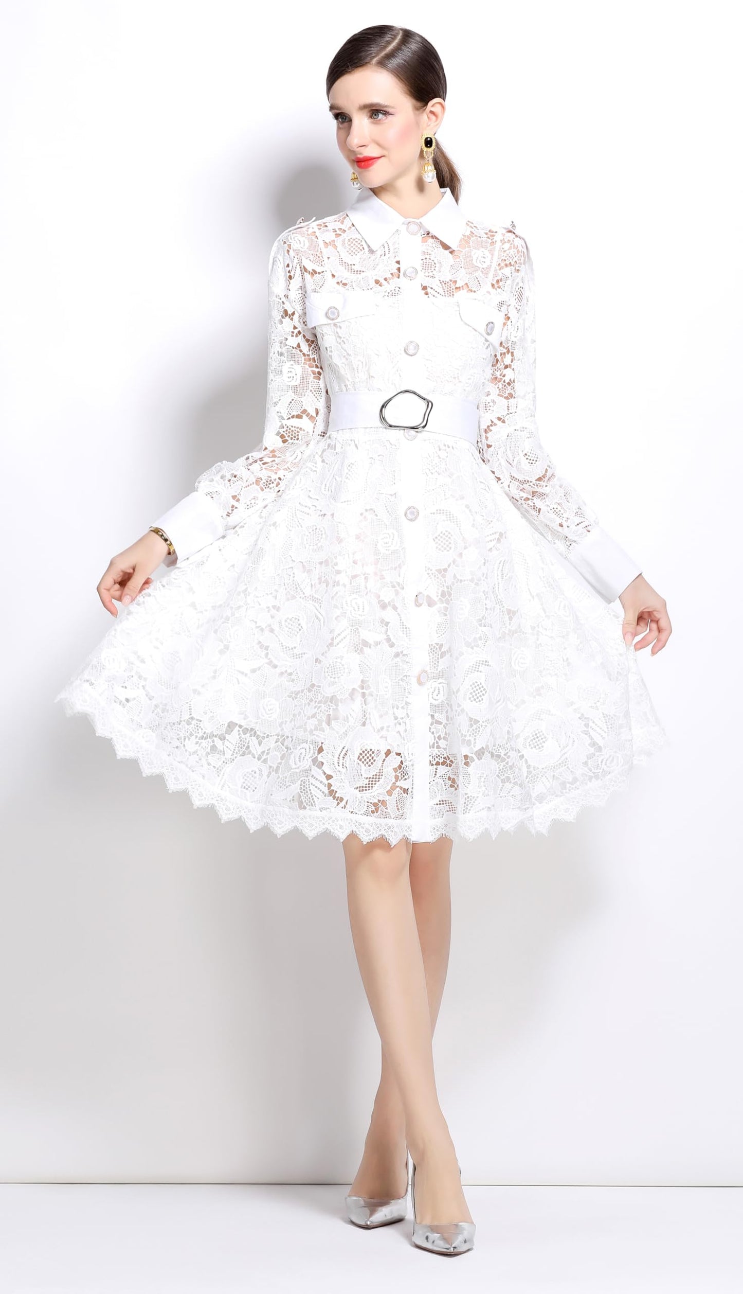 Womens Lace Tie Waist Flowy Midi Dress - LAI MENG FIVE CATS