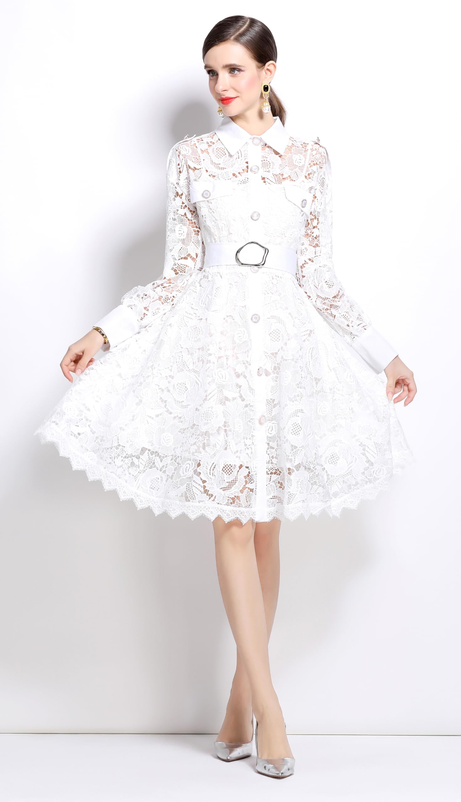 Womens Lace Tie Waist  Flowy Midi Dress - LAI MENG FIVE CATS