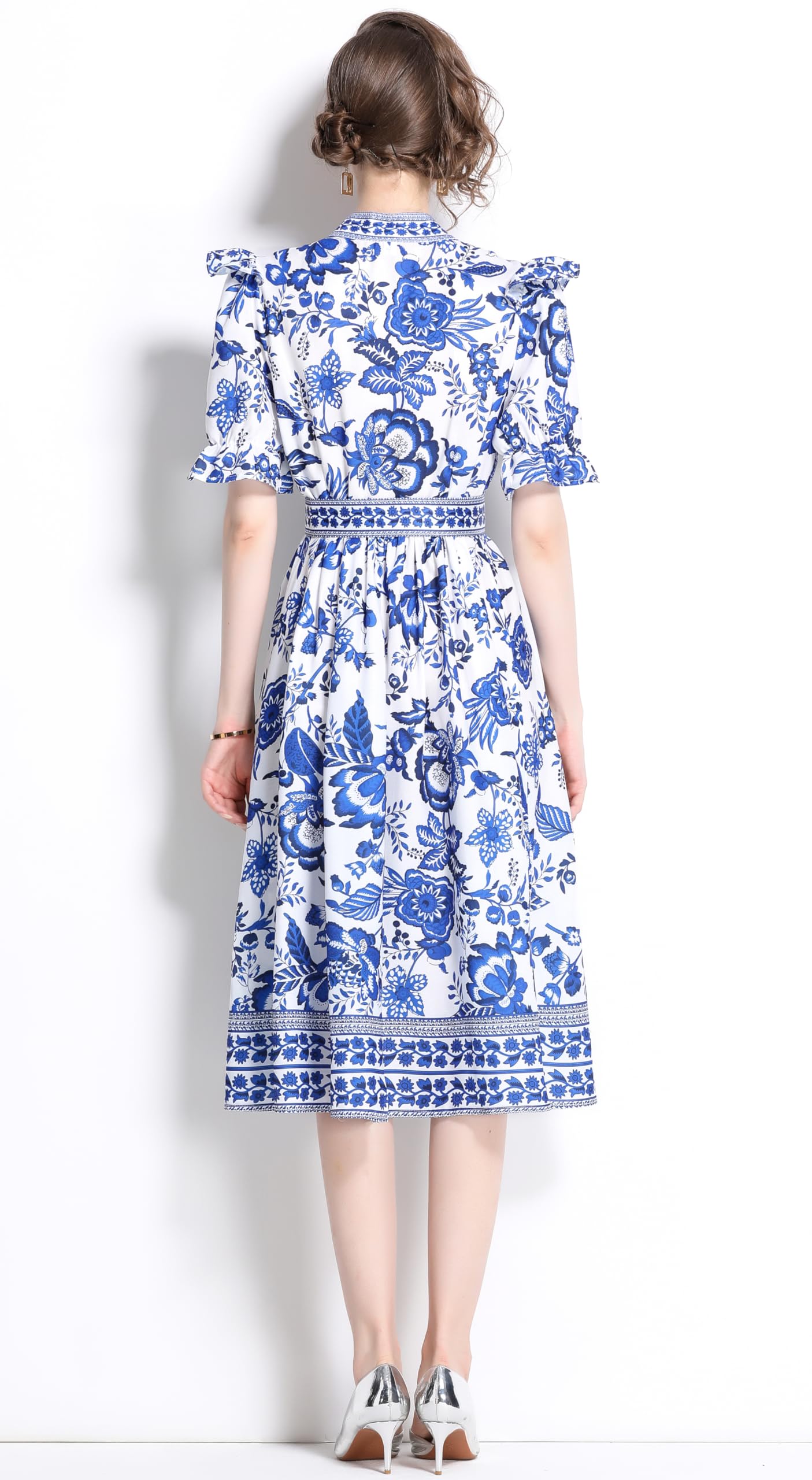 BK-Short Puff Sleeve Floral Midi Dress - LAI MENG FIVE CATS