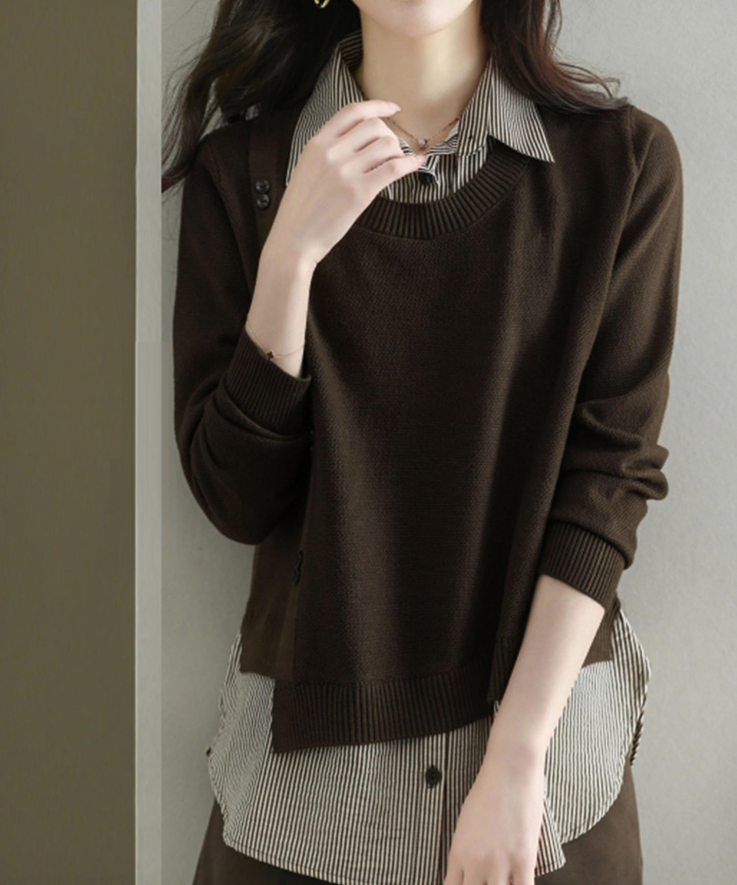 Womens Knit Long Sleeve Patchwork Blouse Tops - LAI MENG FIVE CATS