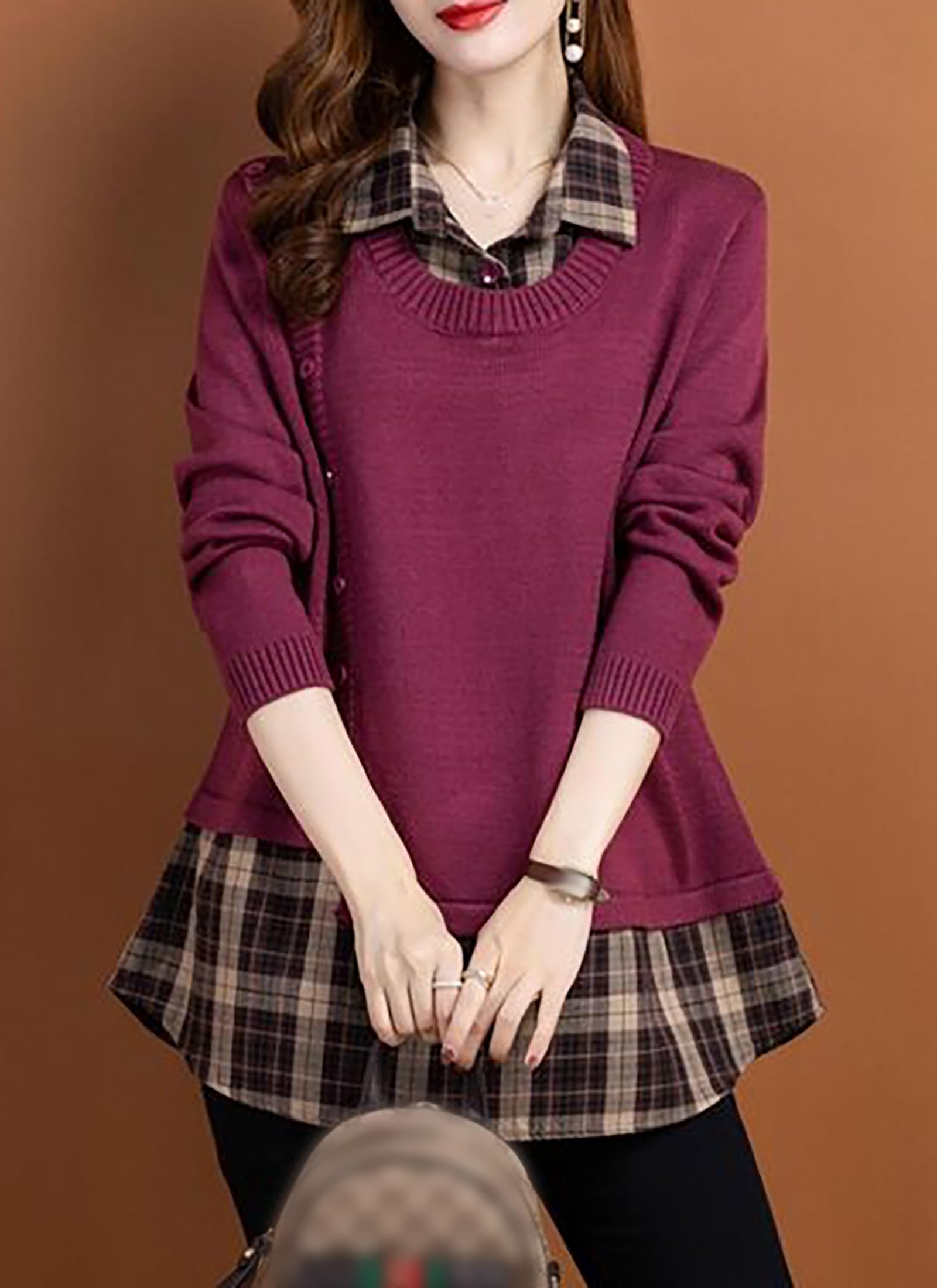 Knit Collar Patchwork Blouse Tops - LAI MENG FIVE CATS