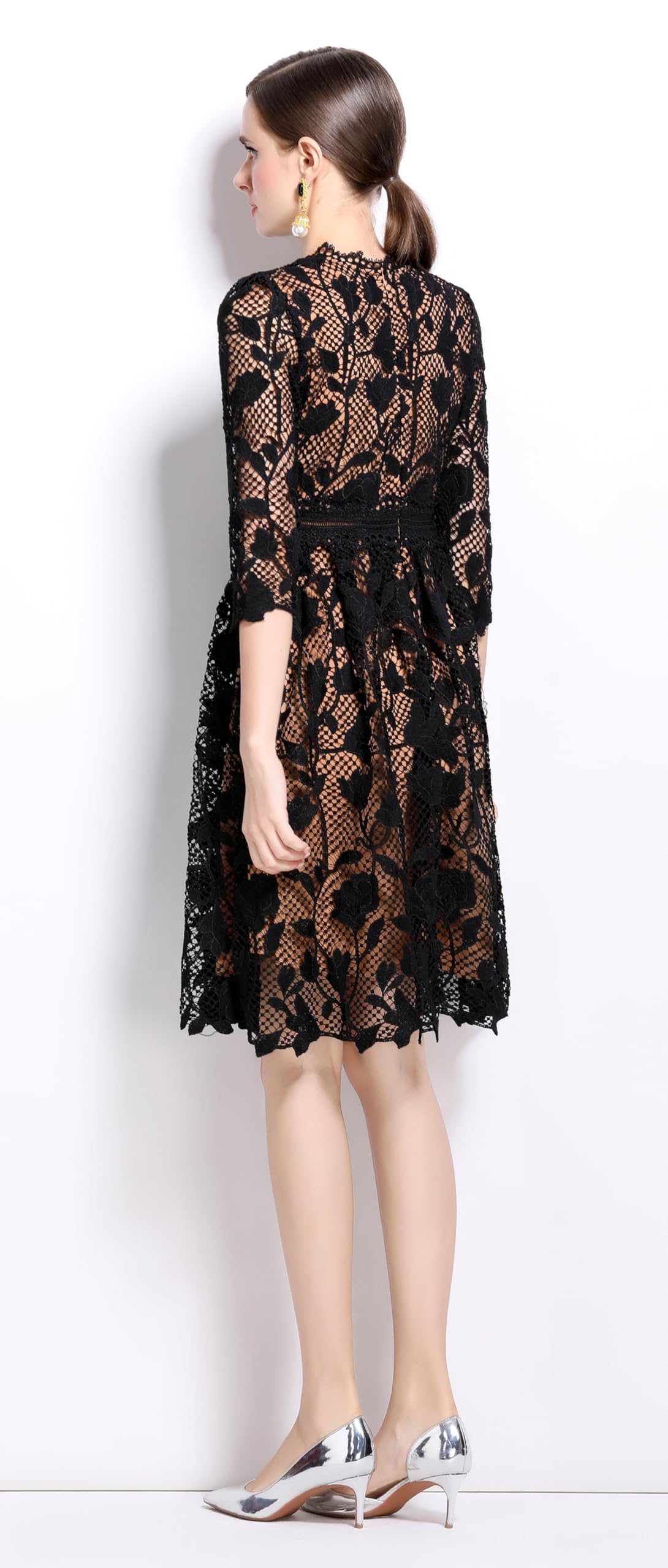 Womens Lace Floral Elegant Midi Dress - LAI MENG FIVE CATS
