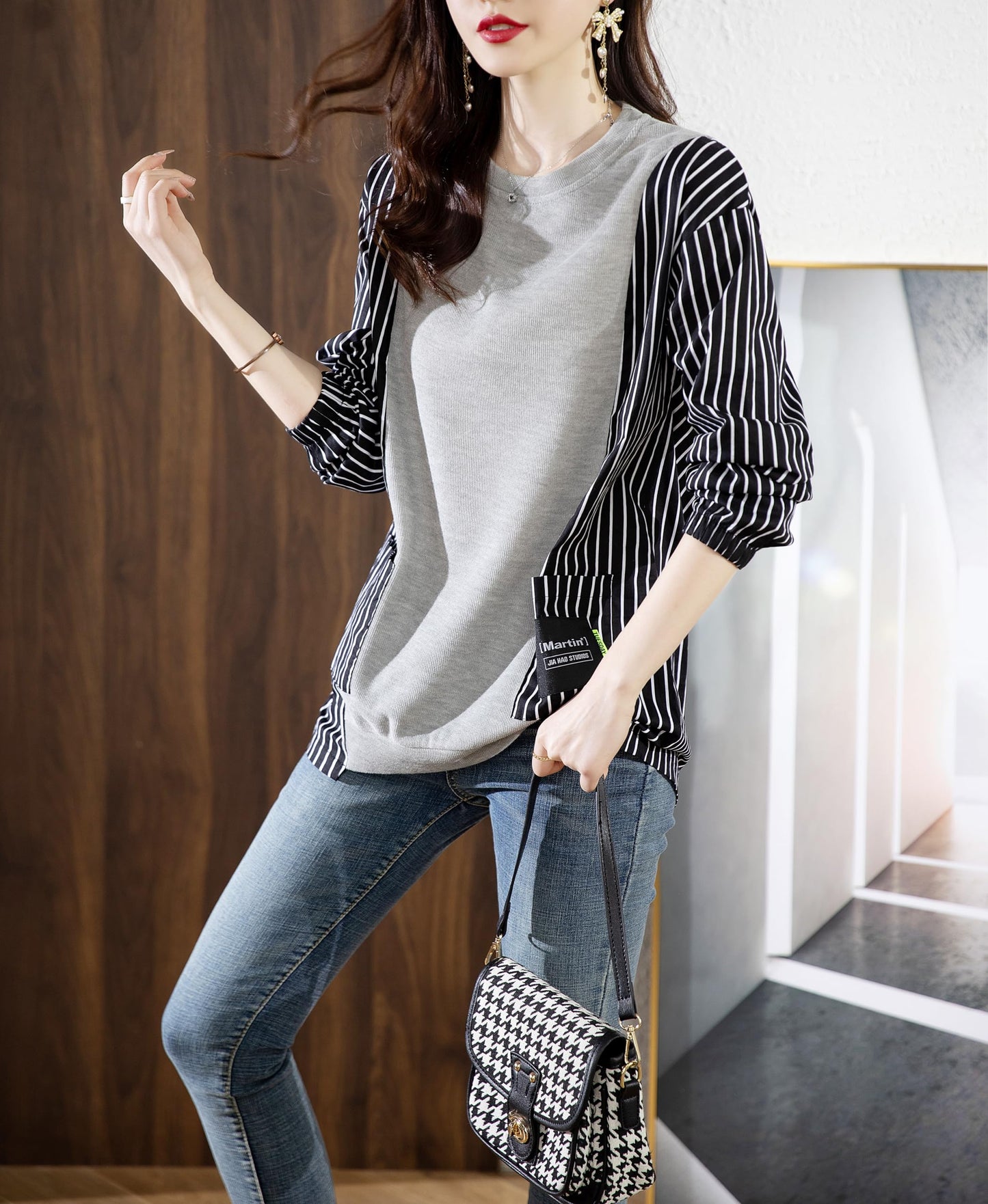 Pullover Patchwork Stripe Blouse Knit Tops - LAI MENG FIVE CATS