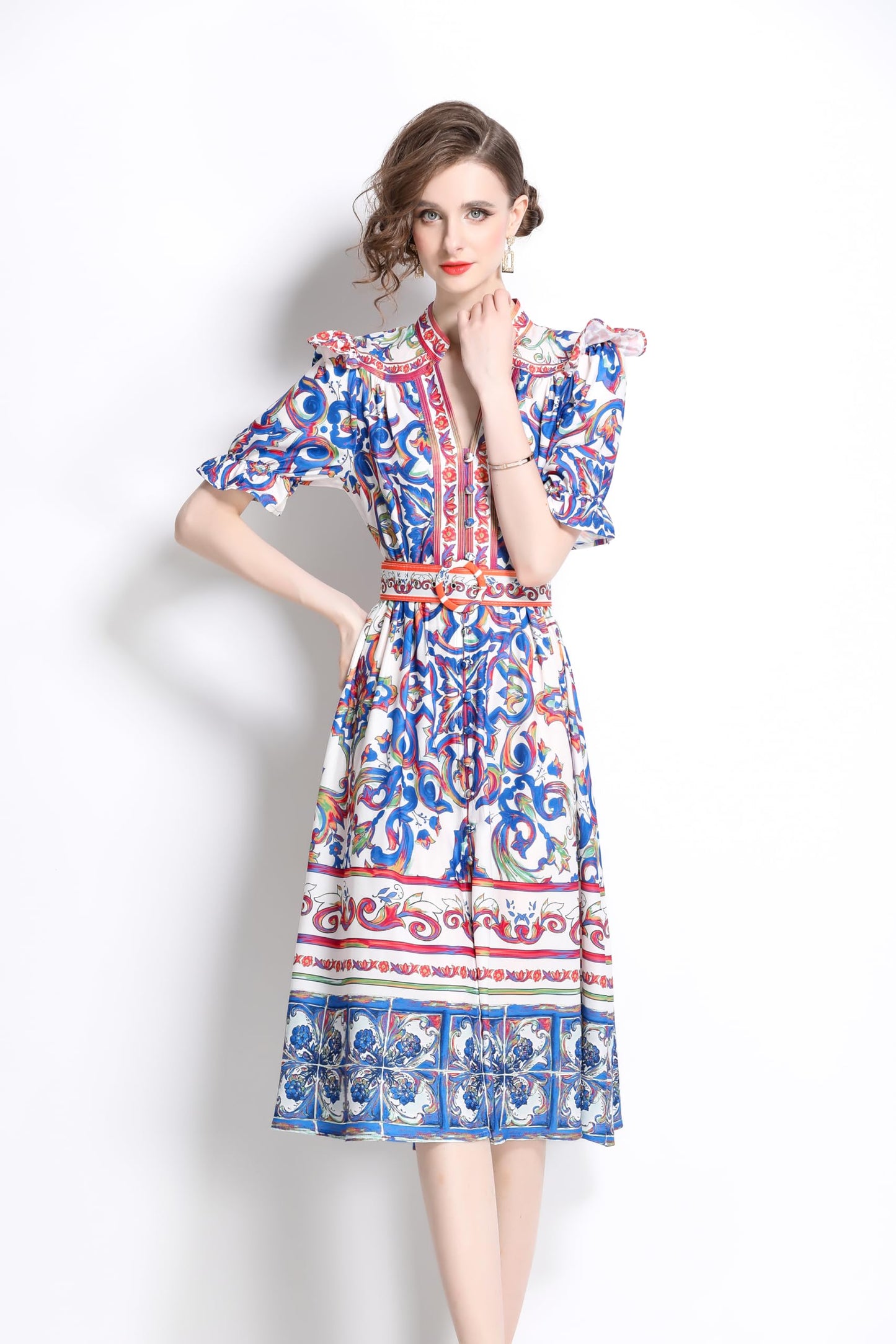 BK-Short Puff Sleeve Floral Midi Dress - LAI MENG FIVE CATS