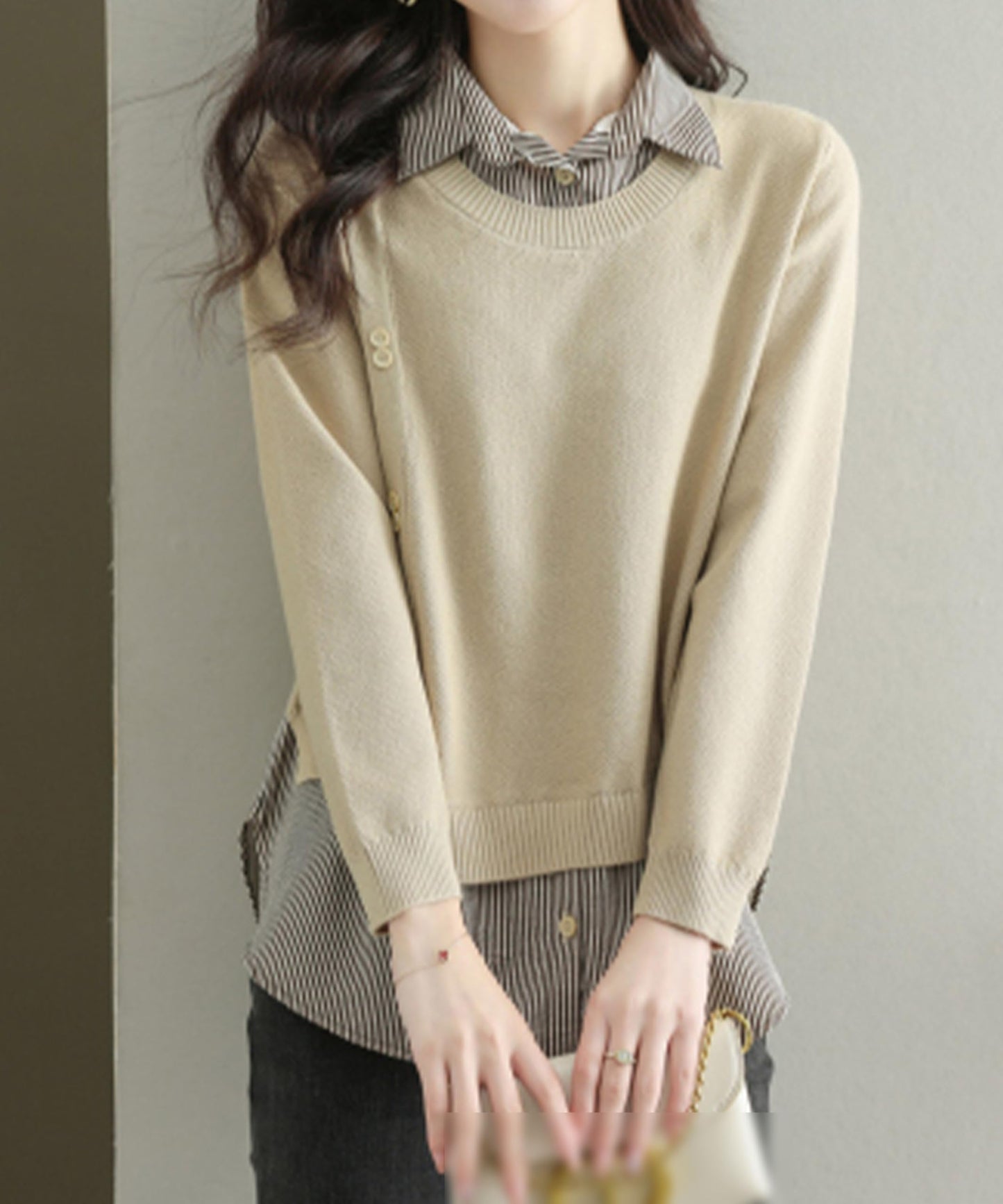 Womens Knit Long Sleeve Patchwork Blouse Tops - LAI MENG FIVE CATS