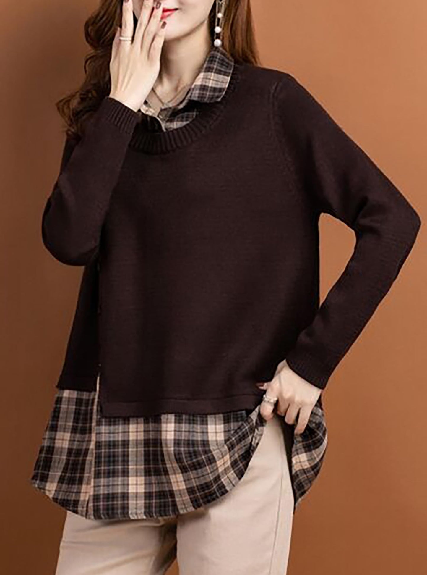 Knit Collar Patchwork Blouse Tops - LAI MENG FIVE CATS