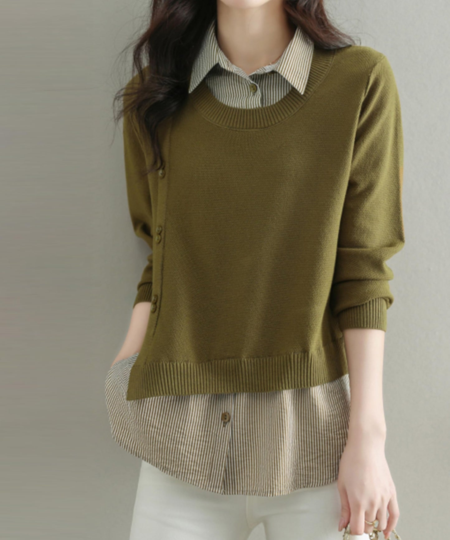 Womens Knit Long Sleeve Patchwork Blouse Tops - LAI MENG FIVE CATS