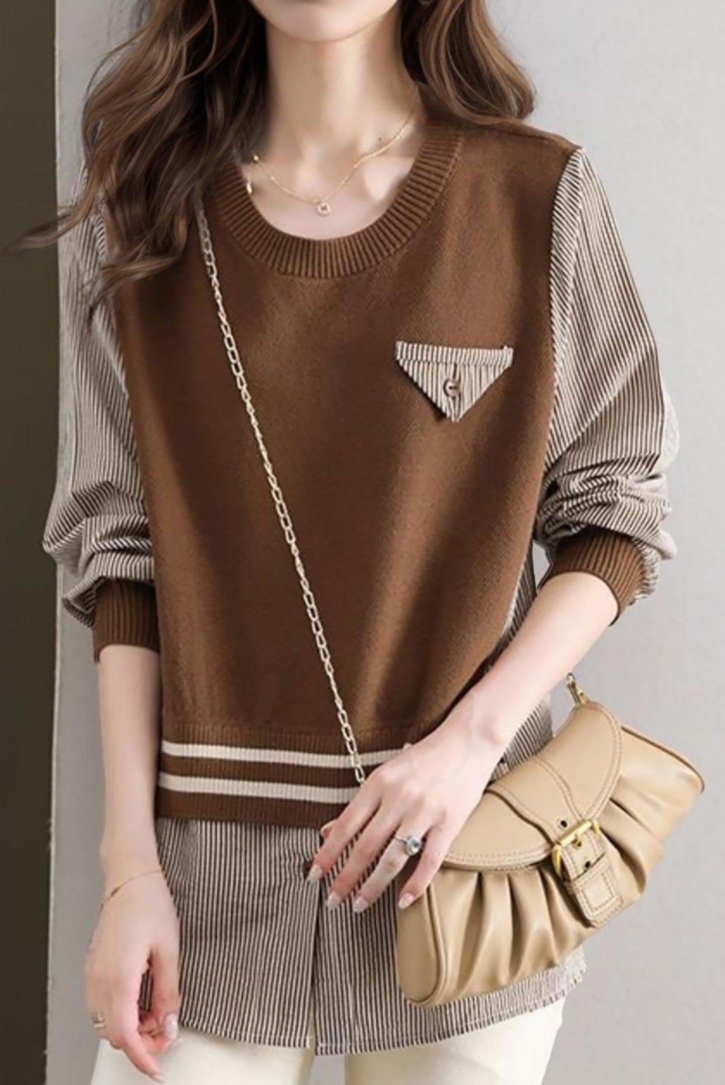 Pullover Patchwork Stripe Blouse Knit Tops - LAI MENG FIVE CATS
