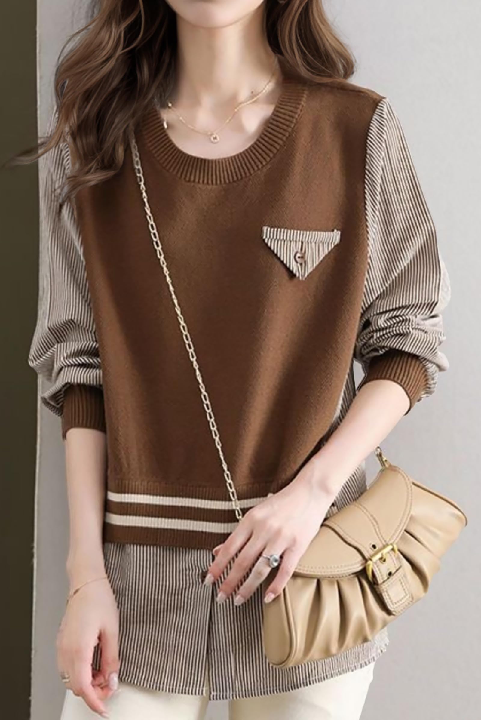 Pullover Patchwork Stripe Blouse Knit Tops - LAI MENG FIVE CATS