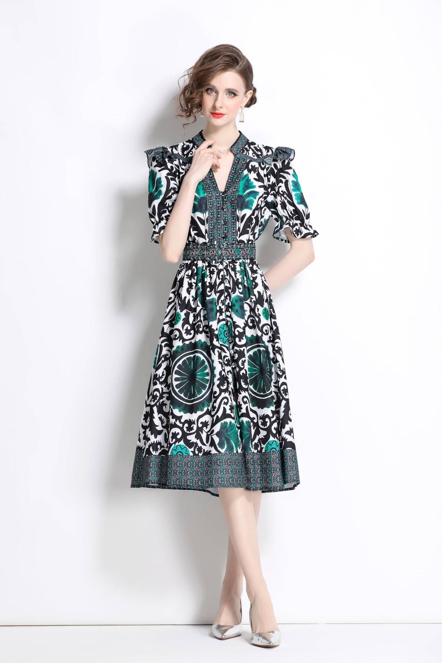 BK-Short Puff Sleeve Floral Midi Dress - LAI MENG FIVE CATS
