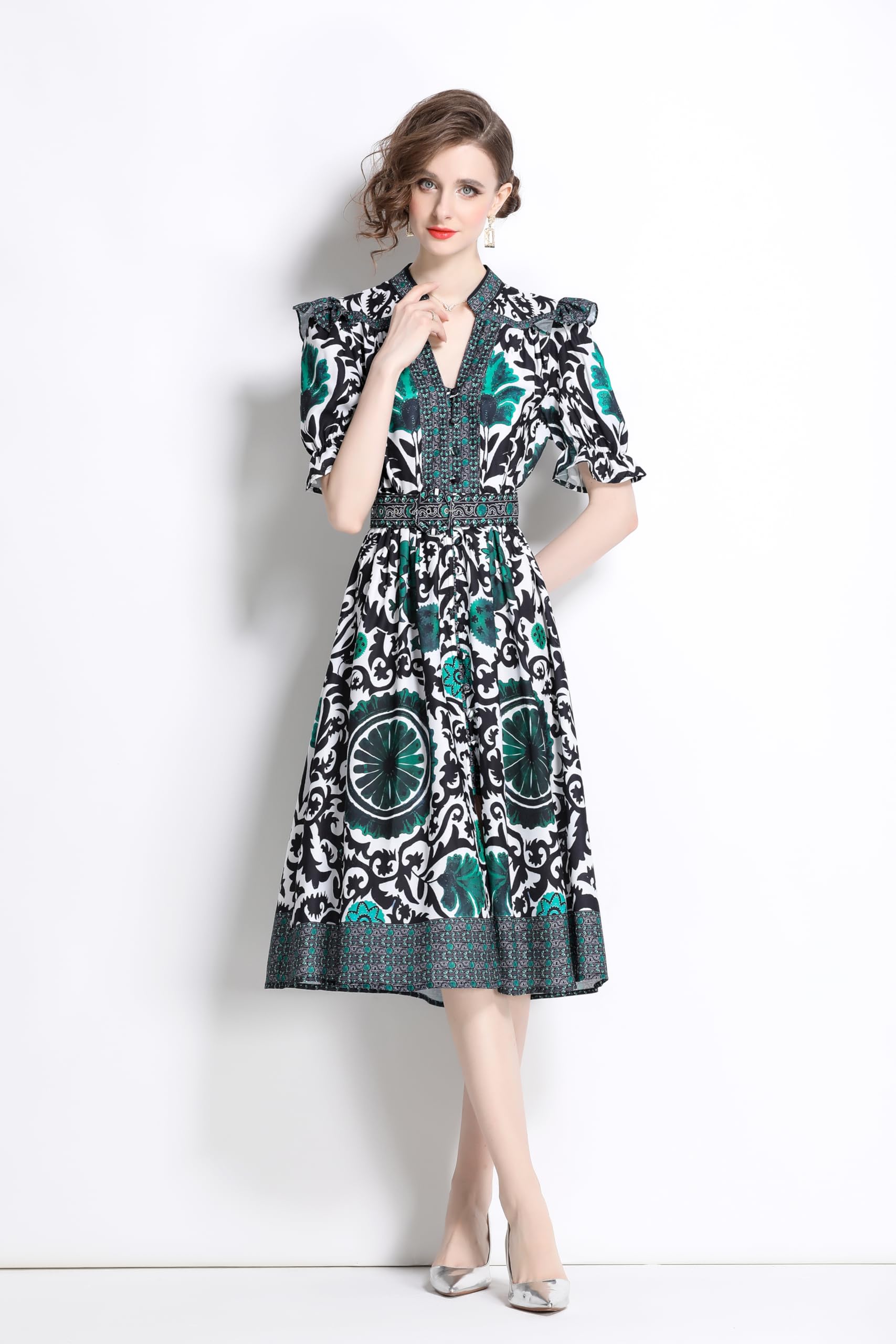 BK-Short Puff Sleeve Floral Midi Dress - LAI MENG FIVE CATS