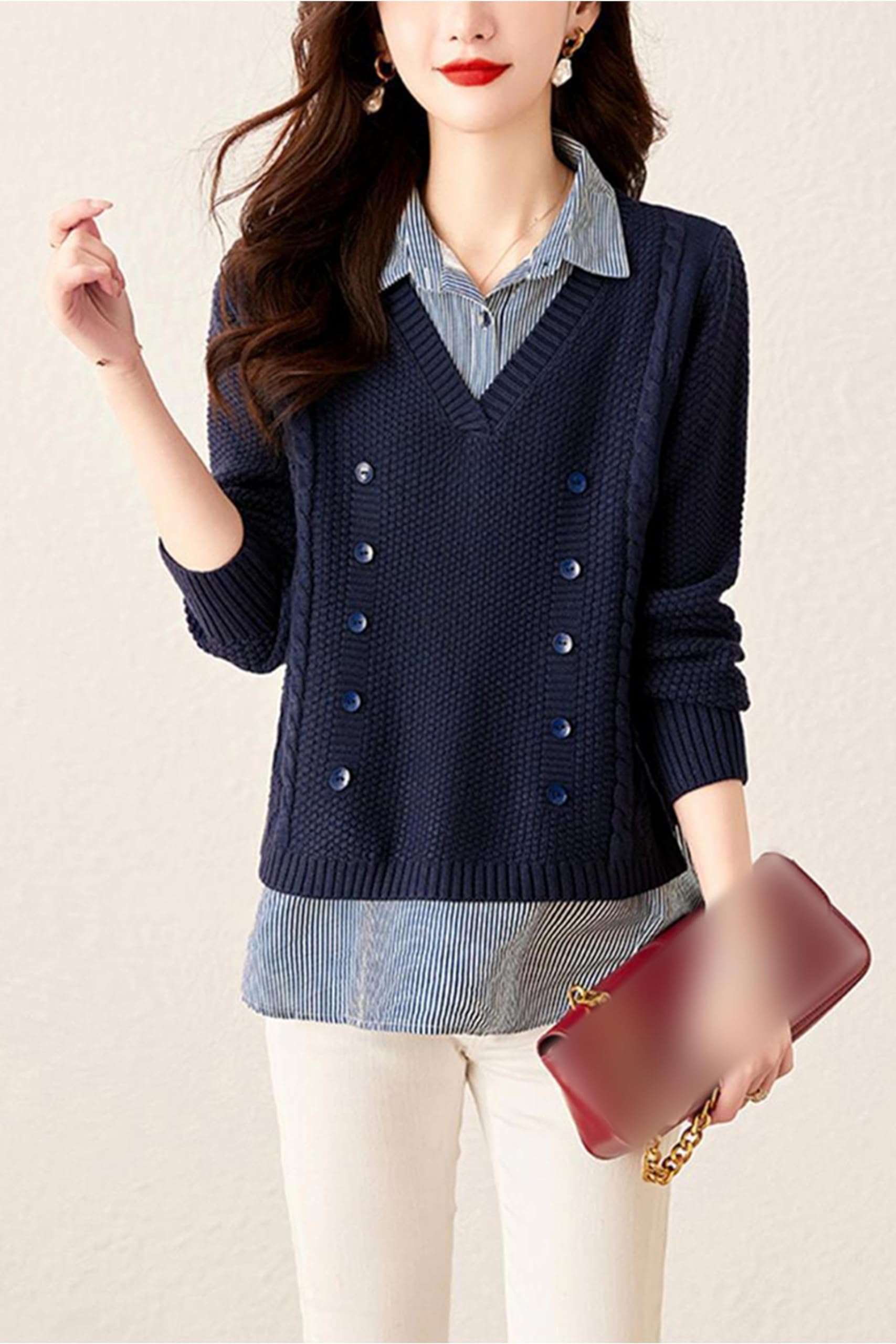 Women's Casual Collared Knit 2 in 1 Pullover Blouse Top - LAI MENG FIVE CATS
