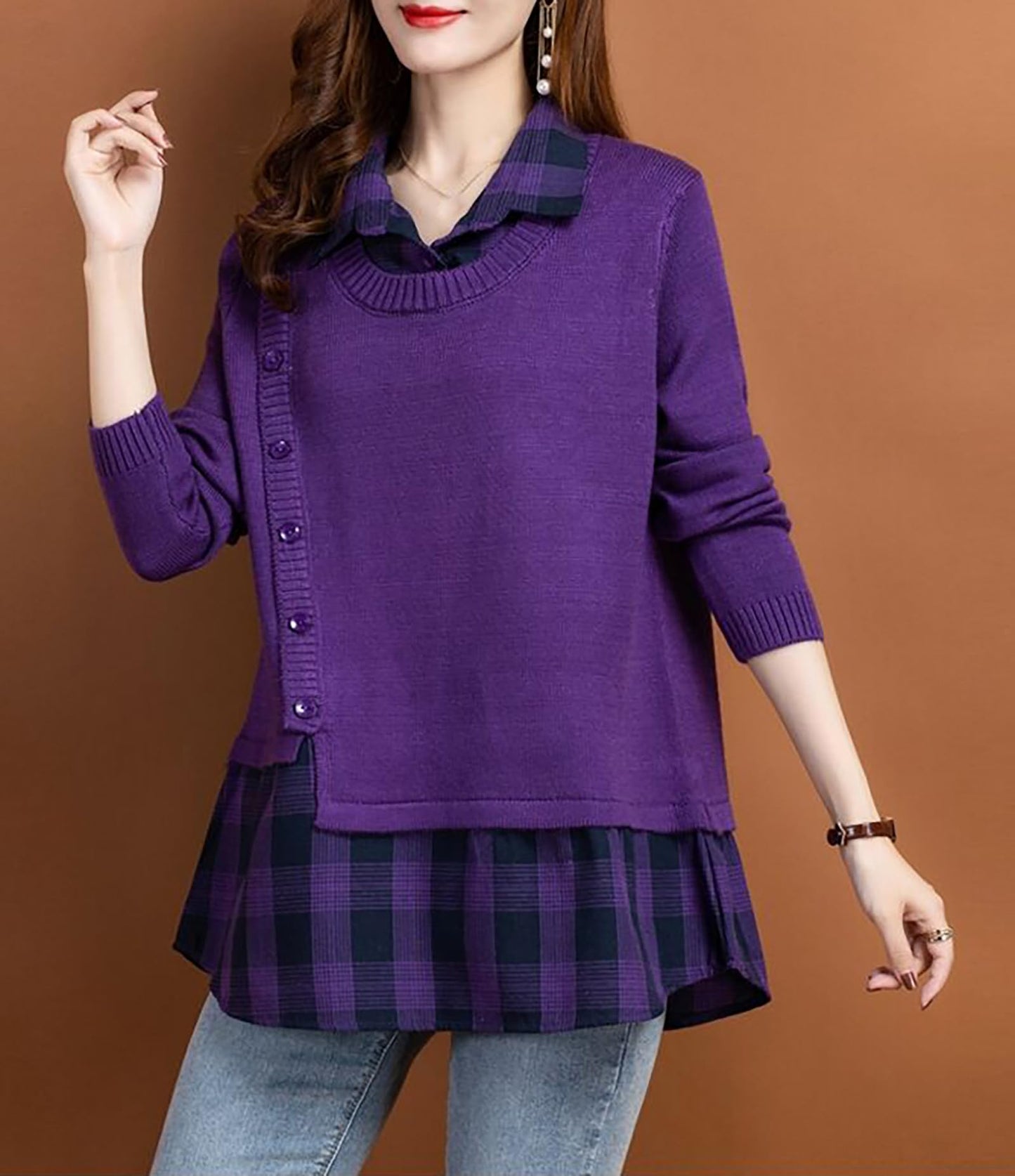 Knit Collar Patchwork Blouse Tops - LAI MENG FIVE CATS