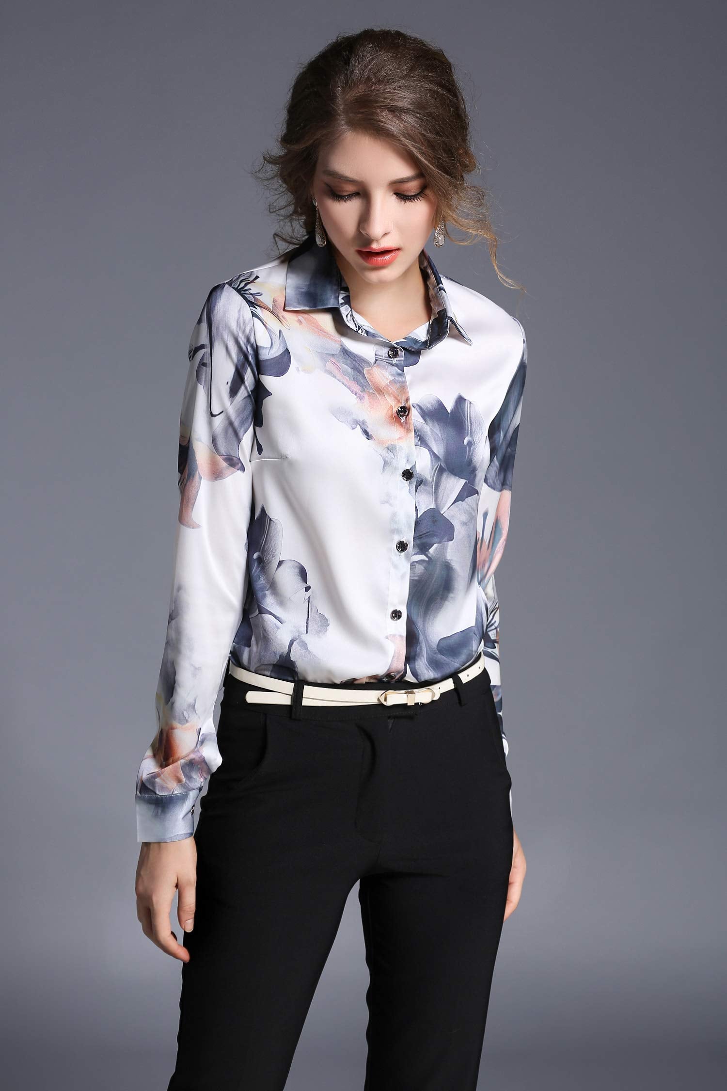 BK-Floral Print Long Sleeve Satin Shirt - LAI MENG FIVE CATS
