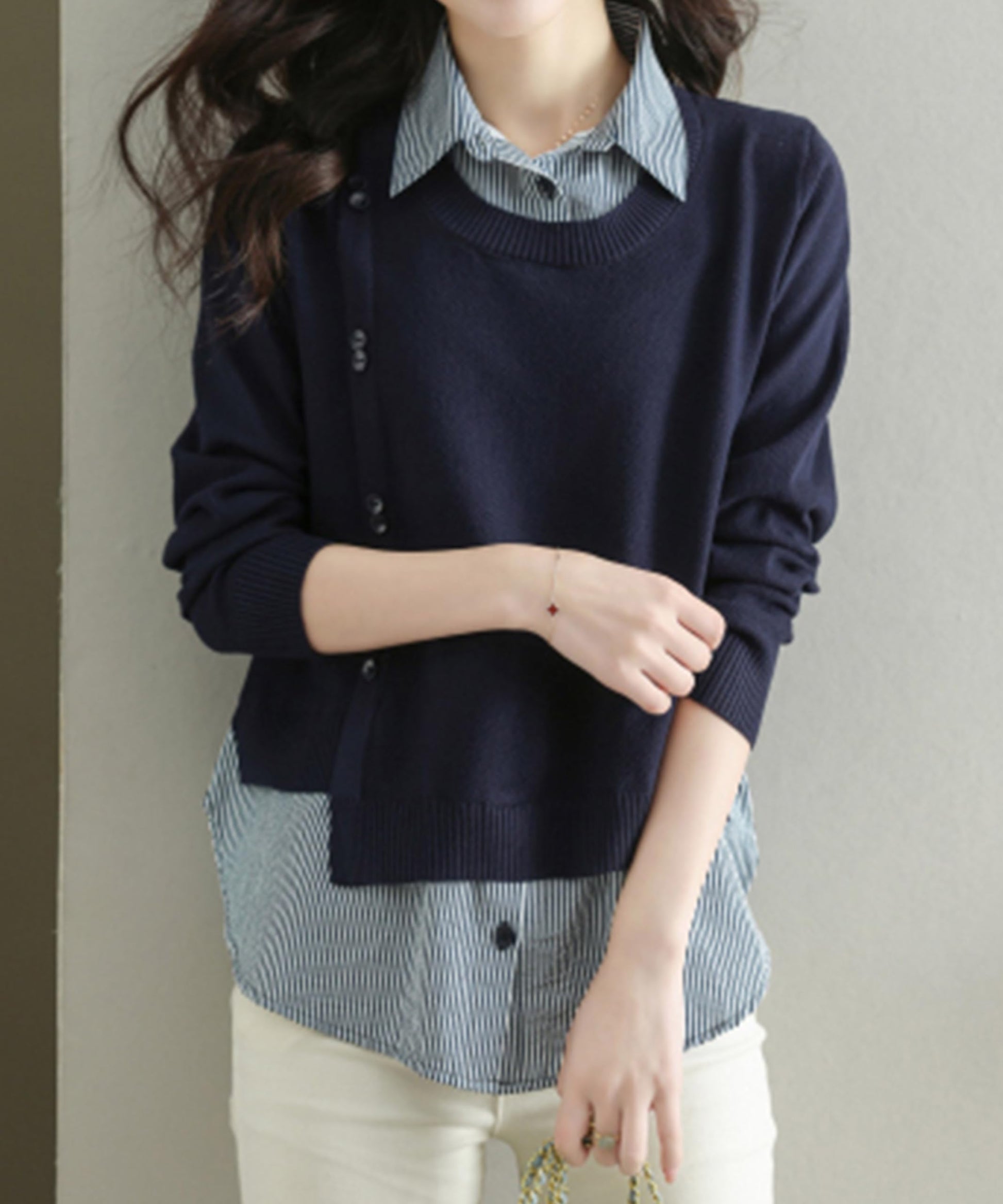 Womens Knit Long Sleeve Patchwork Blouse Tops - LAI MENG FIVE CATS