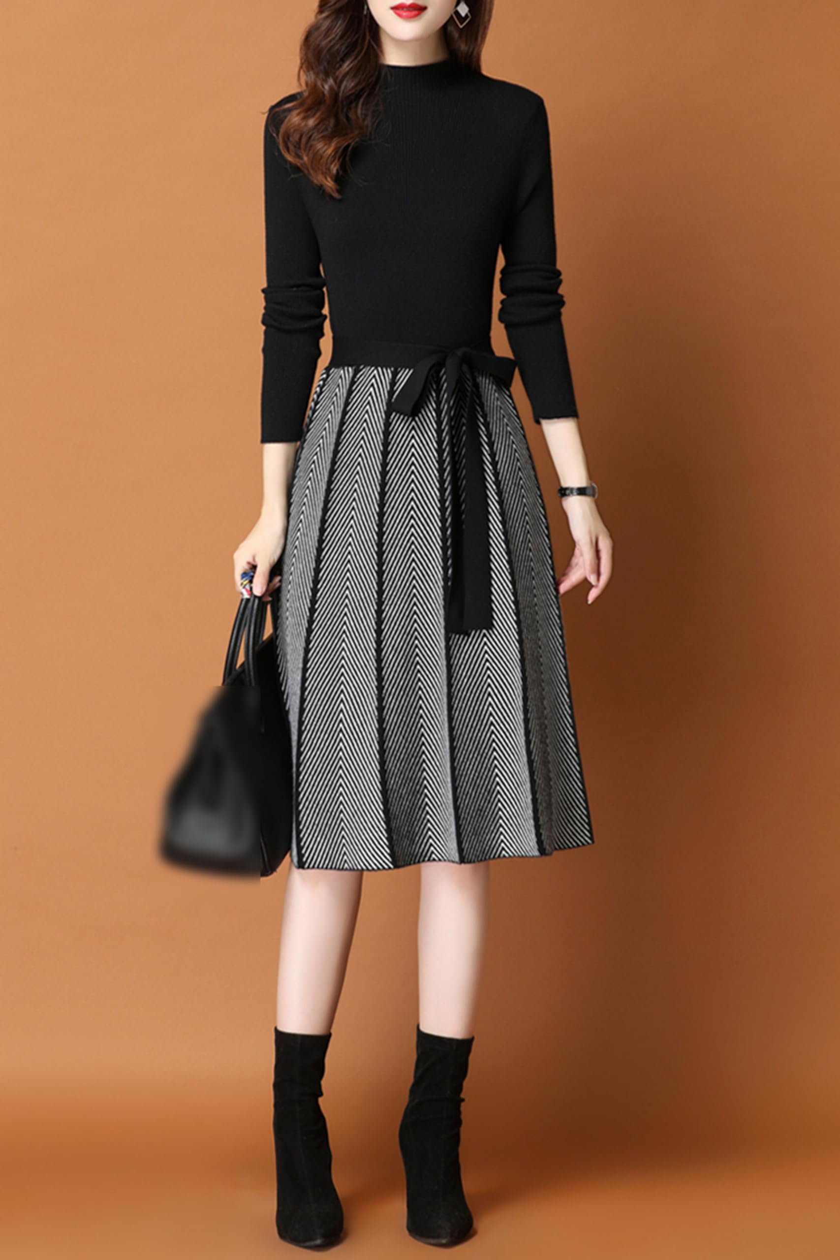BK-Long Sleeve Sweater Stripes Pullover Midi Dress - LAI MENG FIVE CATS
