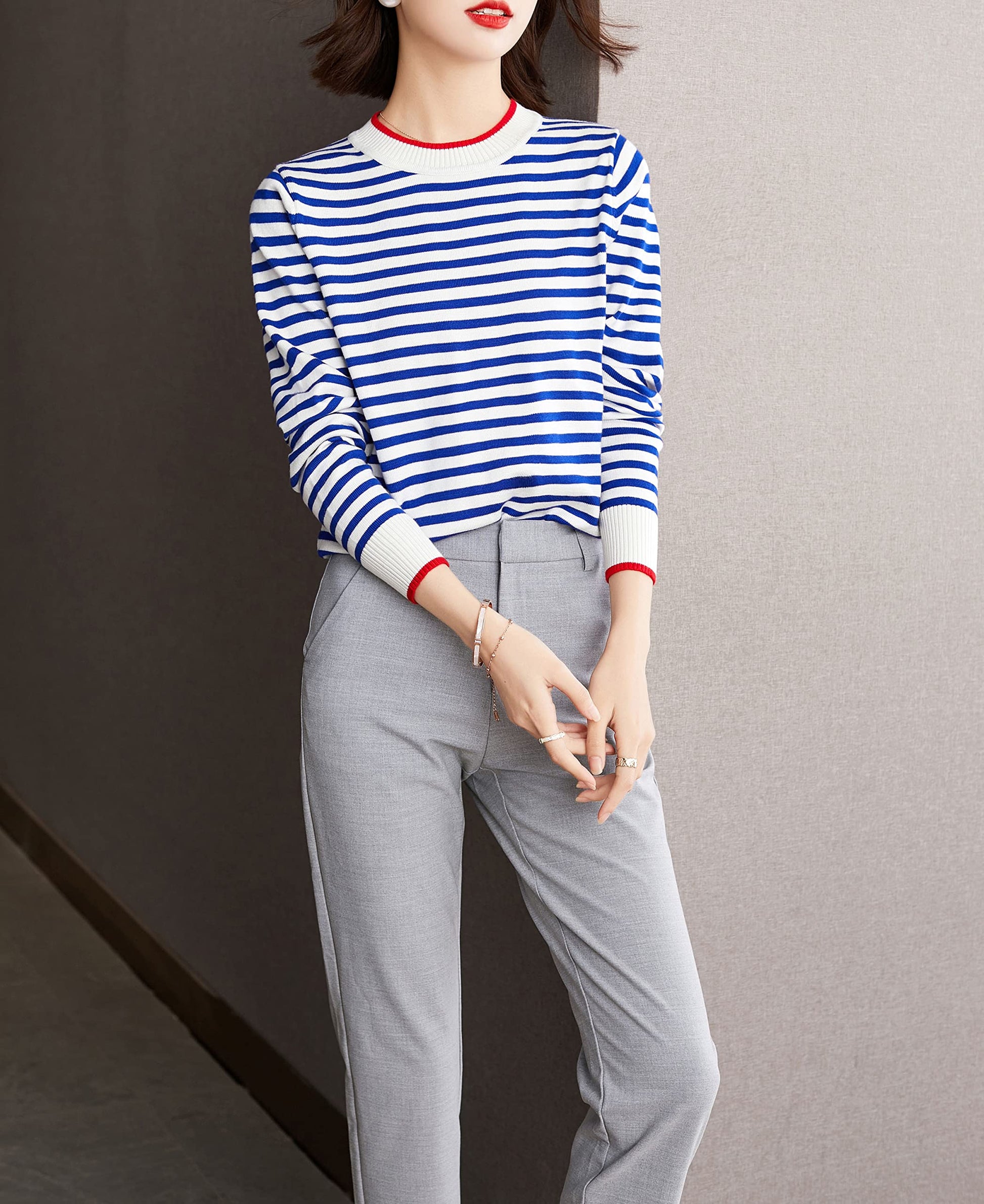 Women's Fall Lightweight Sweater Striped Knit Pullover Tops - LAI MENG FIVE CATS
