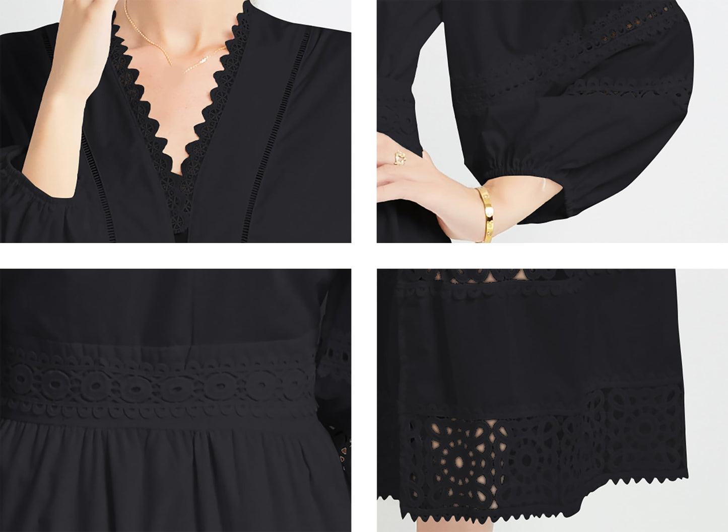 Womens Hollow Buttons Puffy Sleeves Midi Dress - LAI MENG FIVE CATS