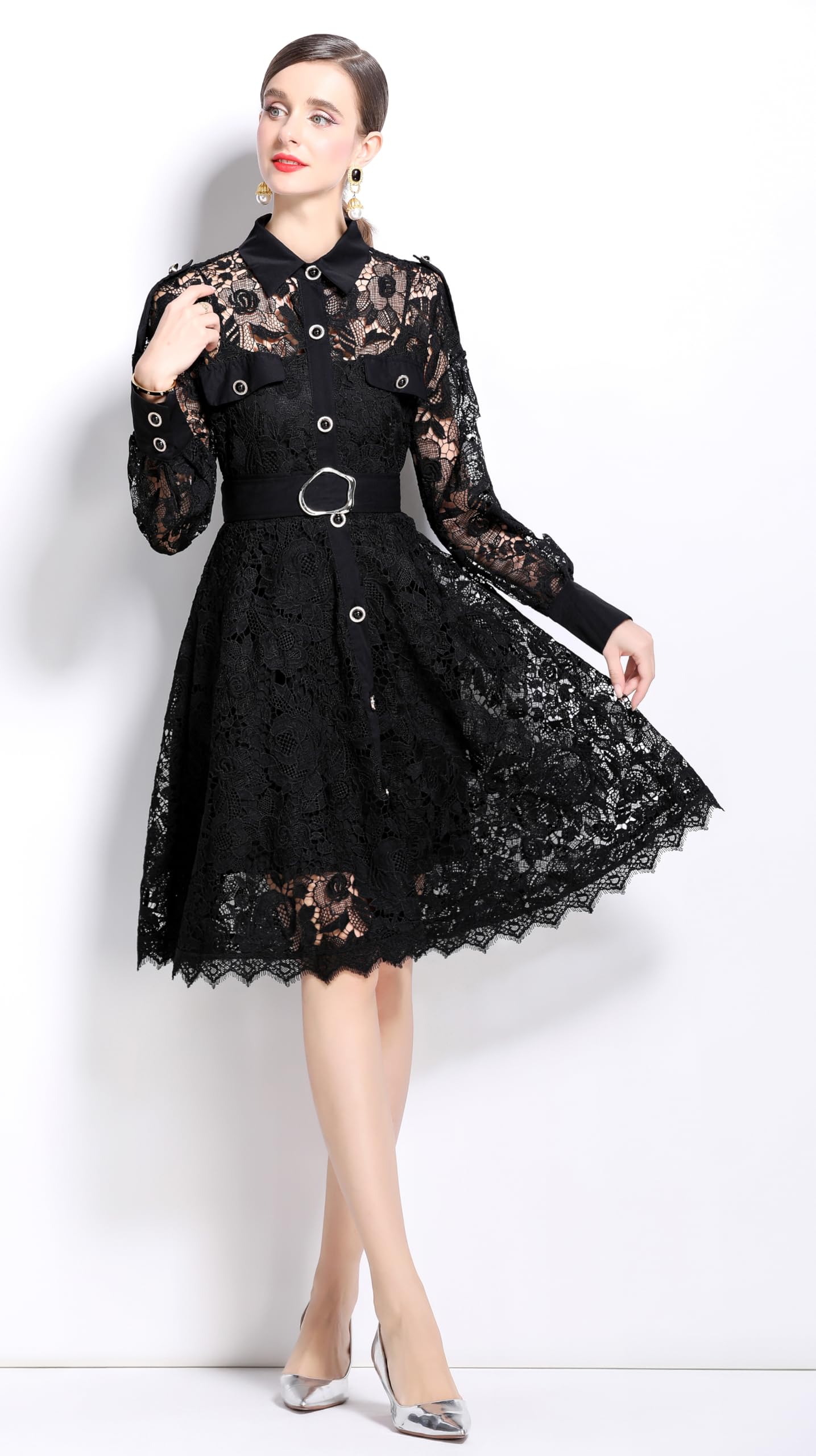 Womens Lace Tie Waist Flowy Midi Dress - LAI MENG FIVE CATS