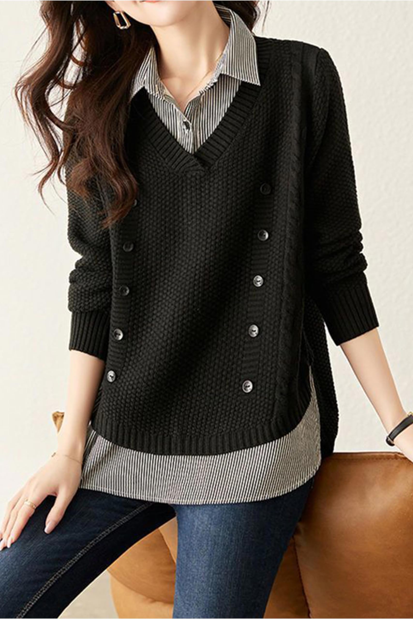 Knit  2 in 1 Tunics Patchwork Tops - LAI MENG FIVE CATS