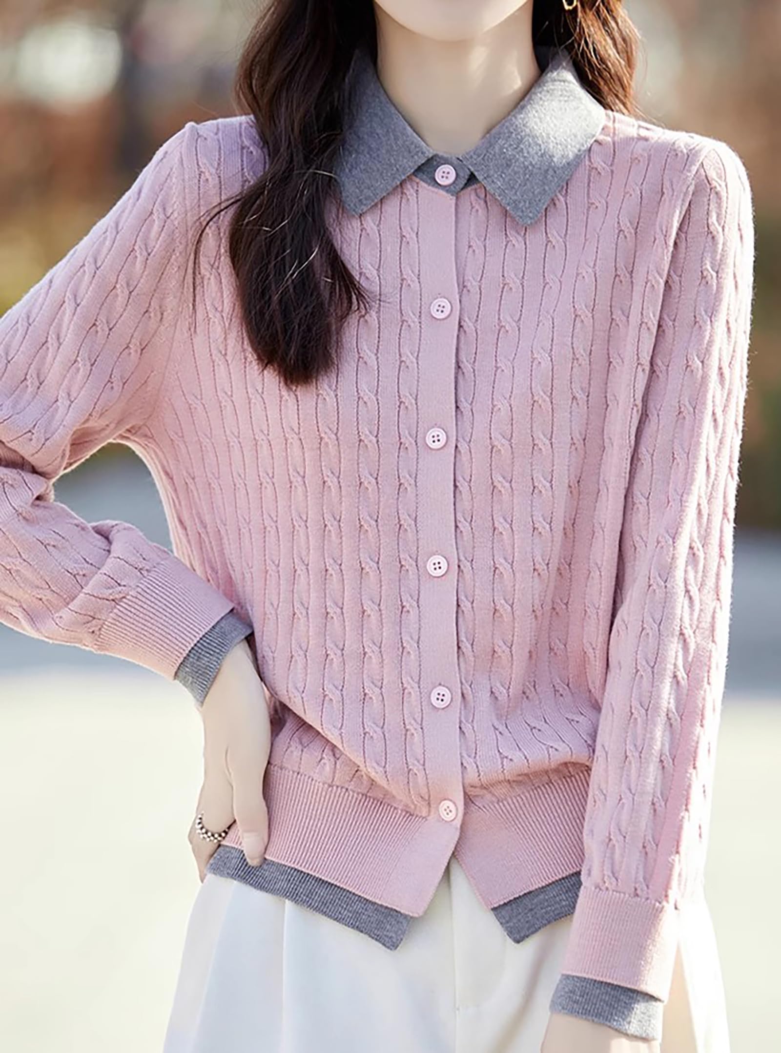 Knit Button Patchwork Pullover Fall Outfits - LAI MENG FIVE CATS