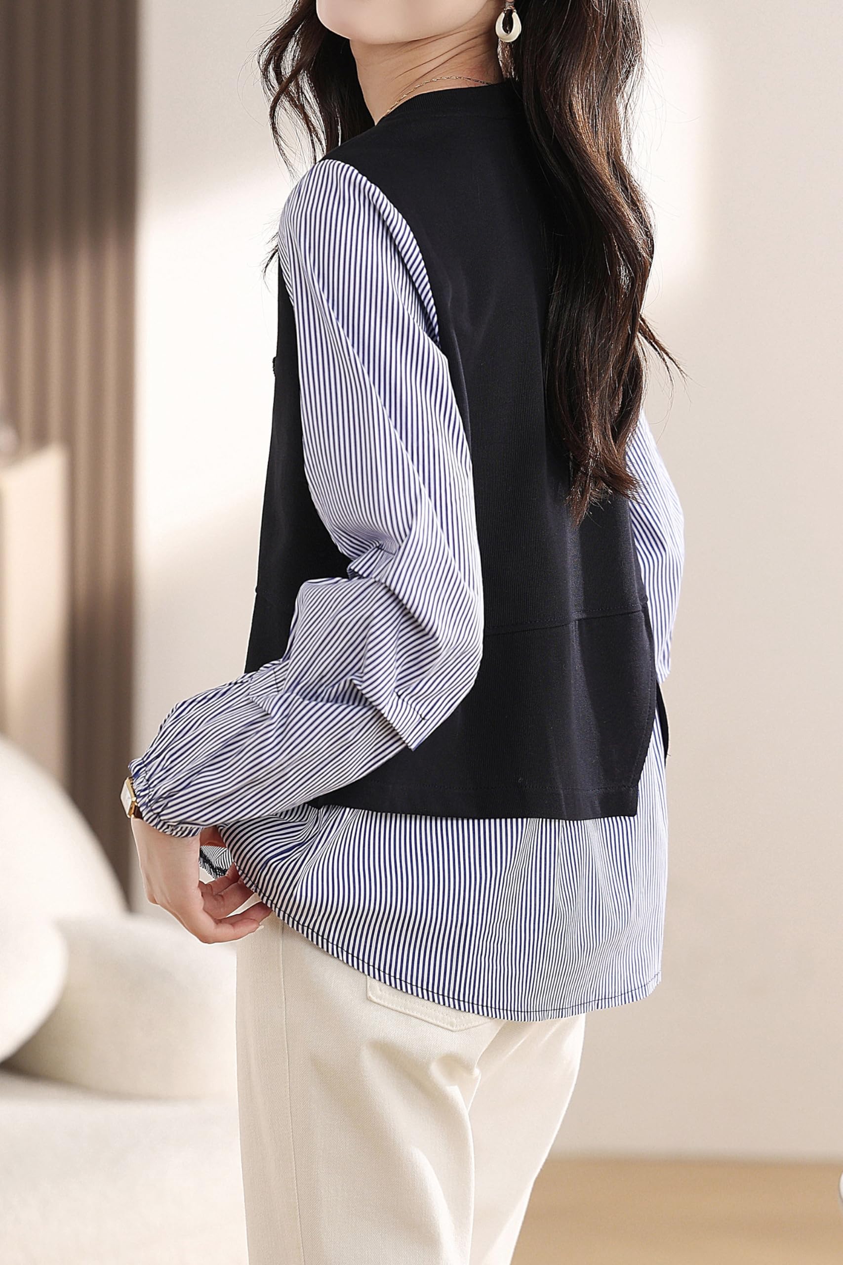 Patchwork Knit Round Neck Pullover Tops - LAI MENG FIVE CATS