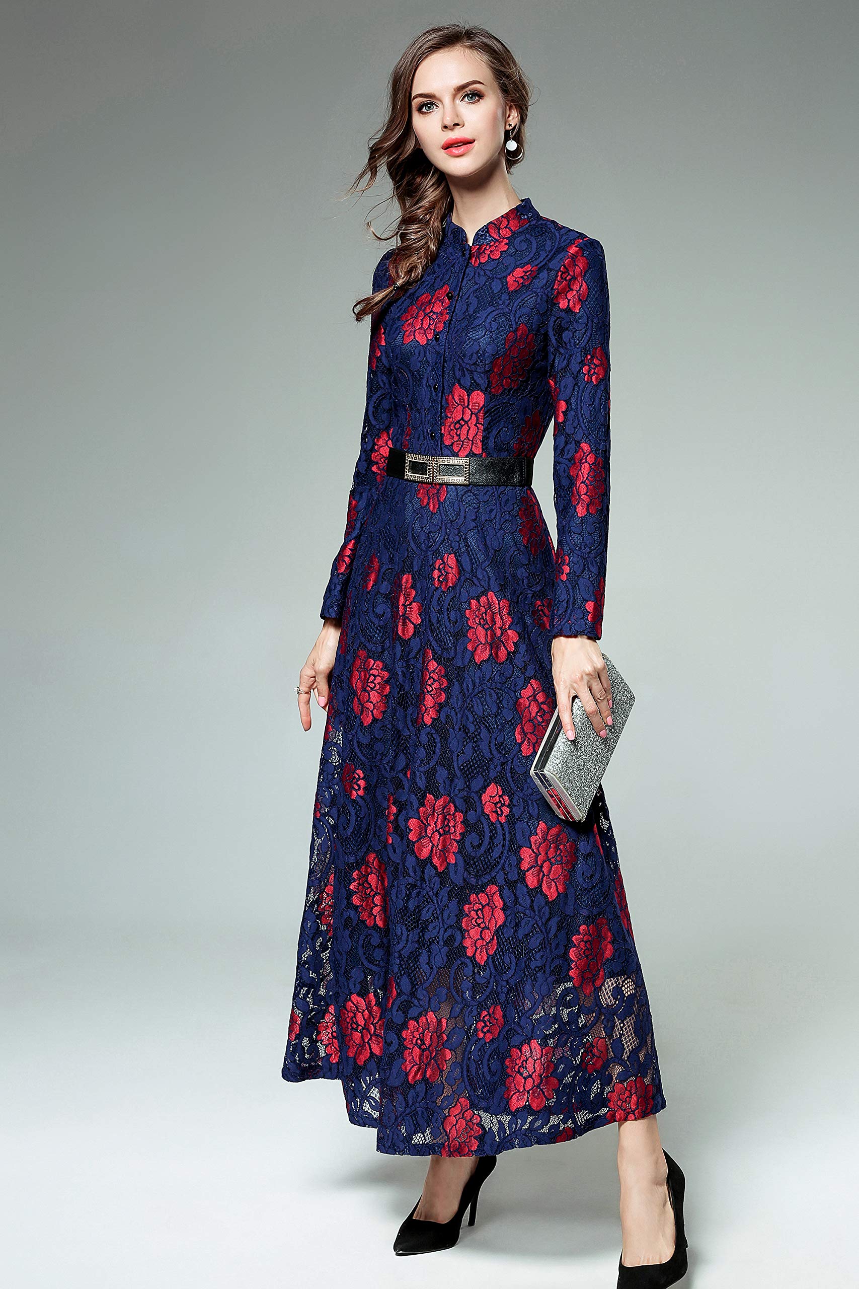 BK-Lace Floral Cocktail Evening Wedding Guest Party Maxi Dress - LAI MENG FIVE CATS