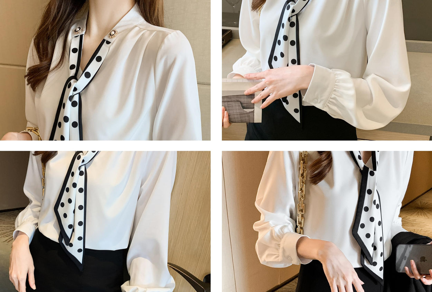 BK-Tie Neck Long Sleeve Loose Blouse Top - LAI MENG FIVE CATS