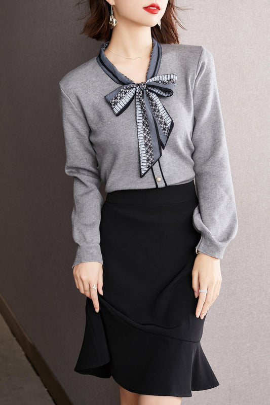 BK-Tie Neck Casual Shirt Tunic Pullover Blouse Tops - LAI MENG FIVE CATS