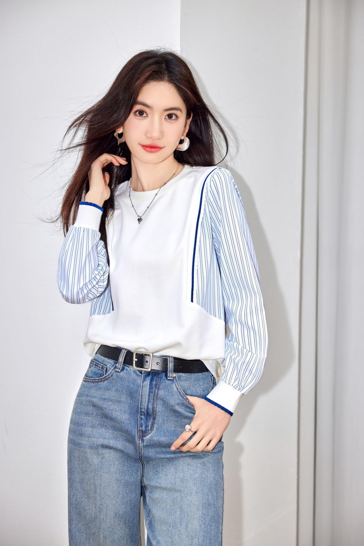 Pullover Patchwork Stripe Blouse Knit Tops - LAI MENG FIVE CATS