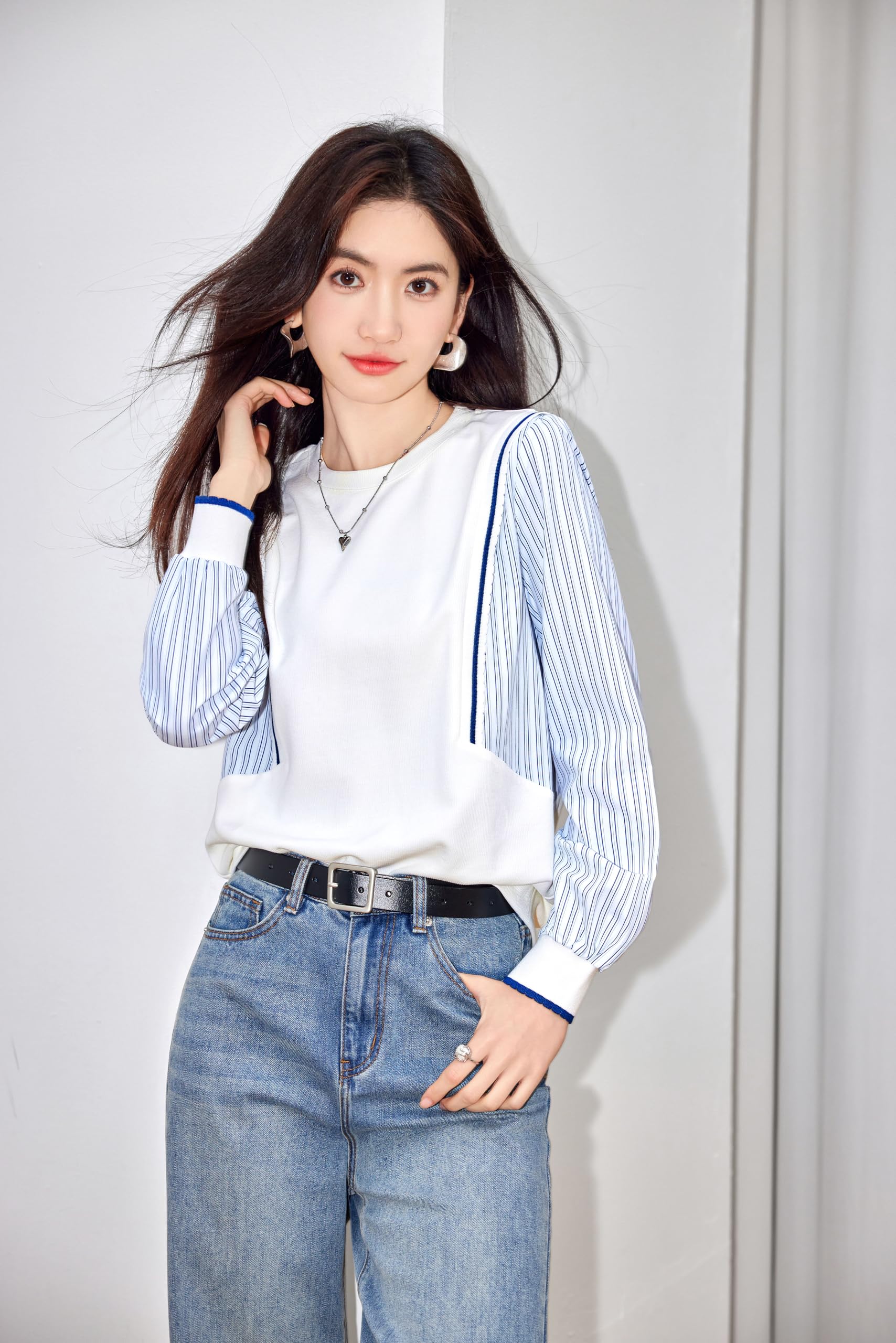 Pullover Patchwork Stripe Blouse Knit Tops - LAI MENG FIVE CATS