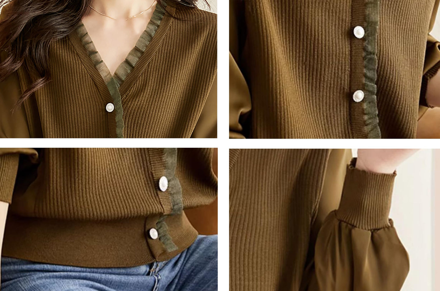 Knit Patchwork Button Casual Blouse Tops - LAI MENG FIVE CATS