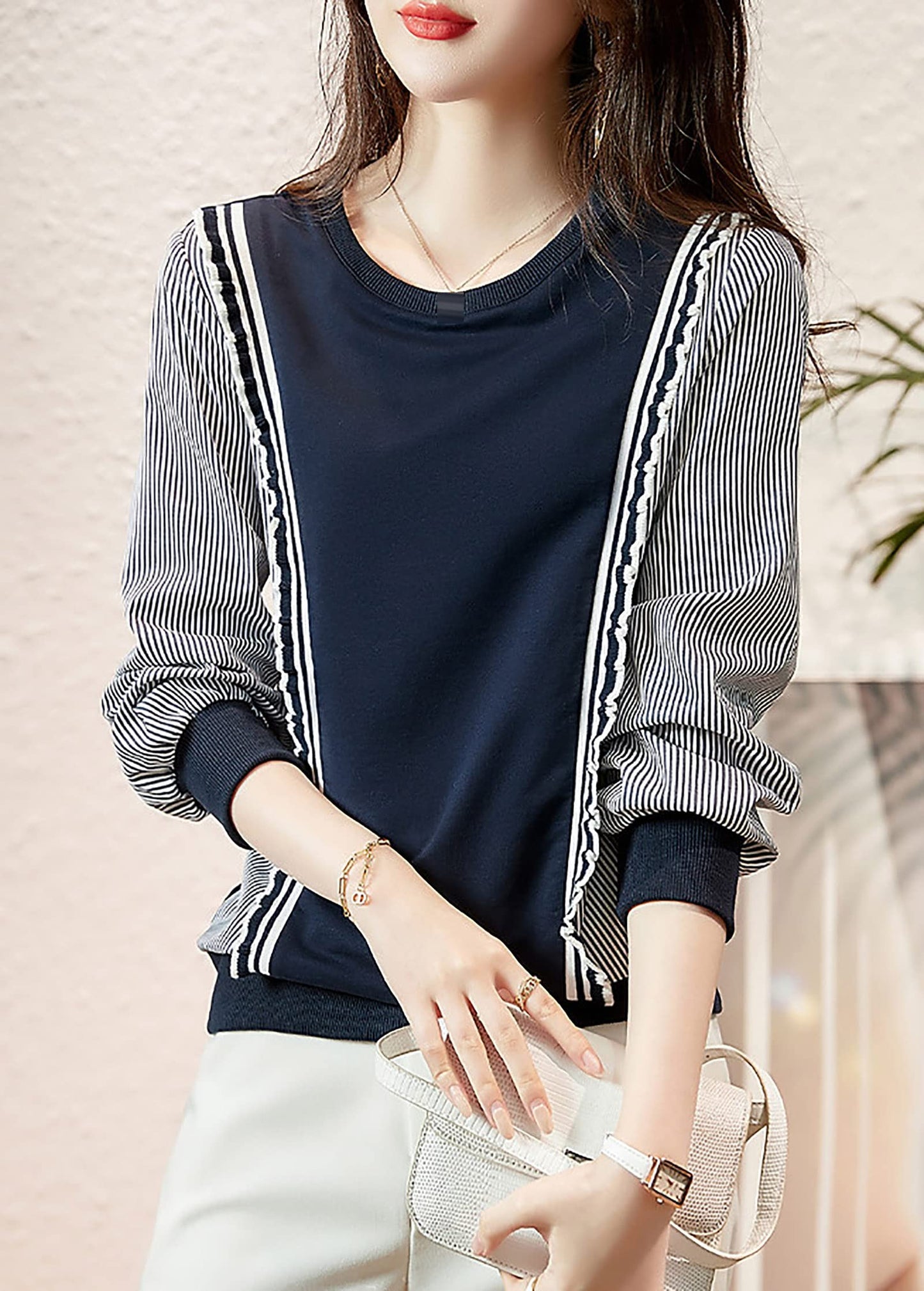 Pullover Patchwork Stripe Blouse Knit Tops - LAI MENG FIVE CATS