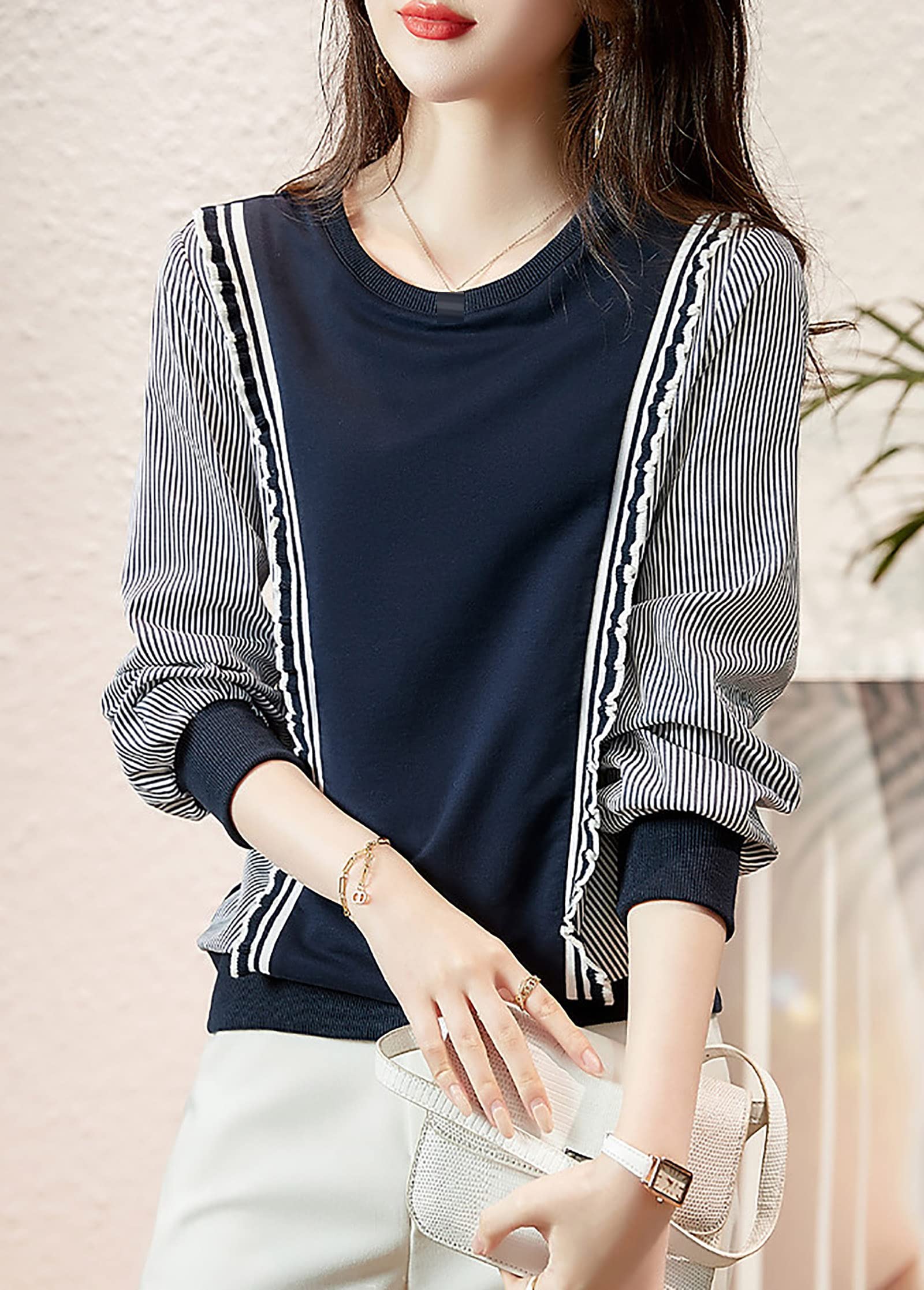 Pullover Patchwork Stripe Blouse Knit Tops - LAI MENG FIVE CATS