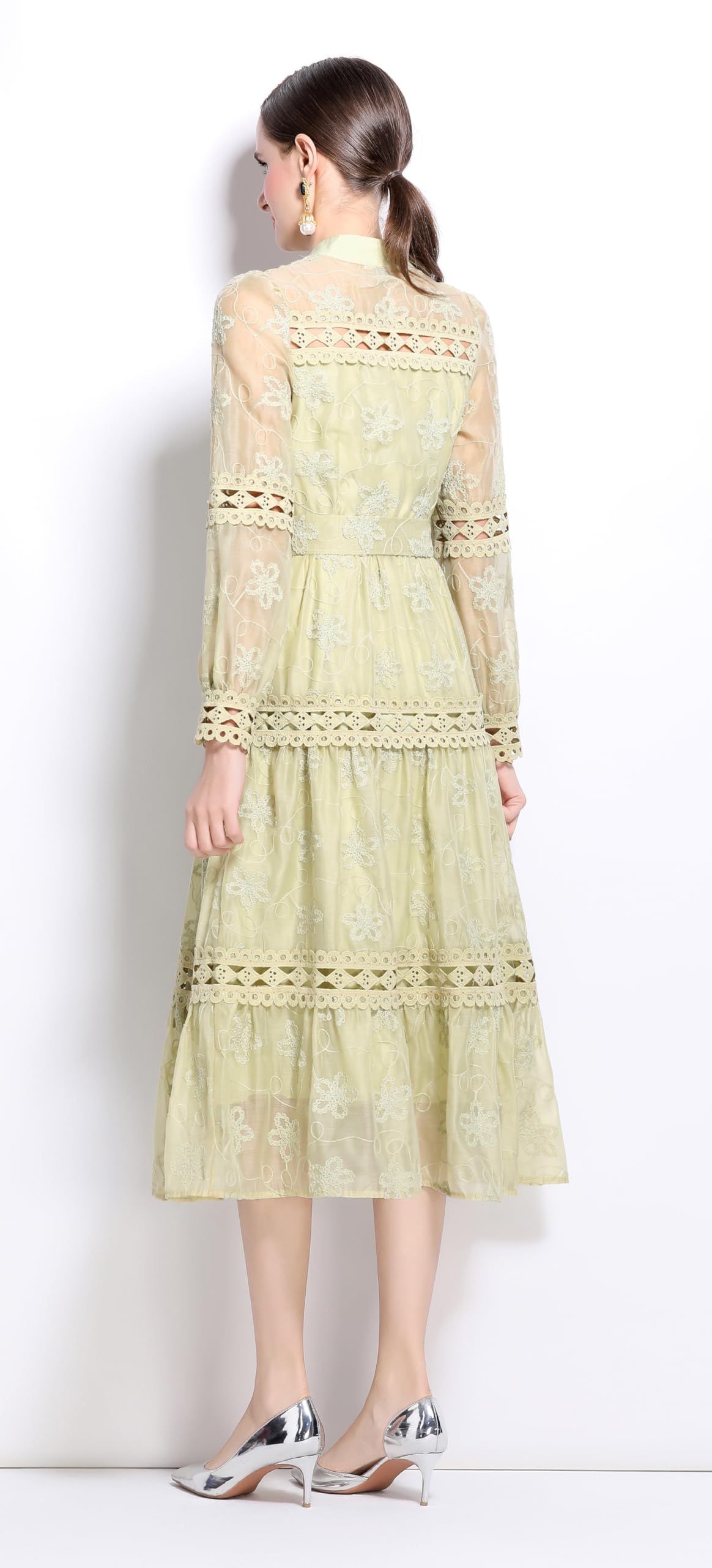 BK-Womens Lace Tulle Hollow Elegant Midi Dress - LAI MENG FIVE CATS