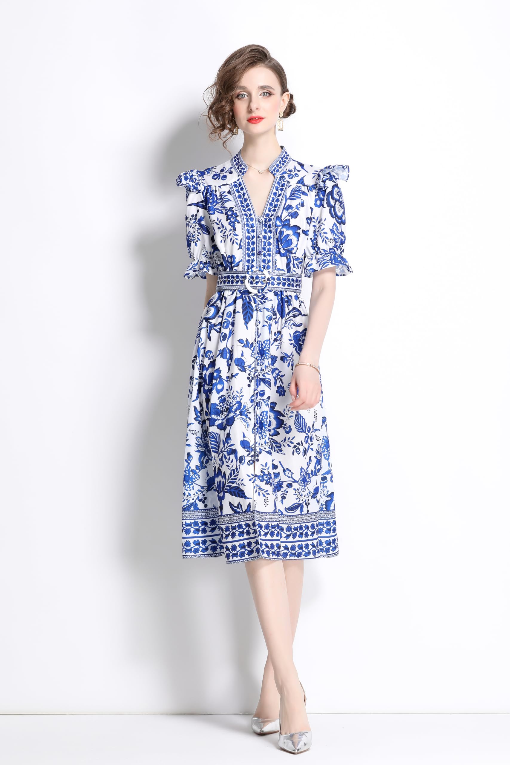 BK-Short Puff Sleeve Floral Midi Dress - LAI MENG FIVE CATS