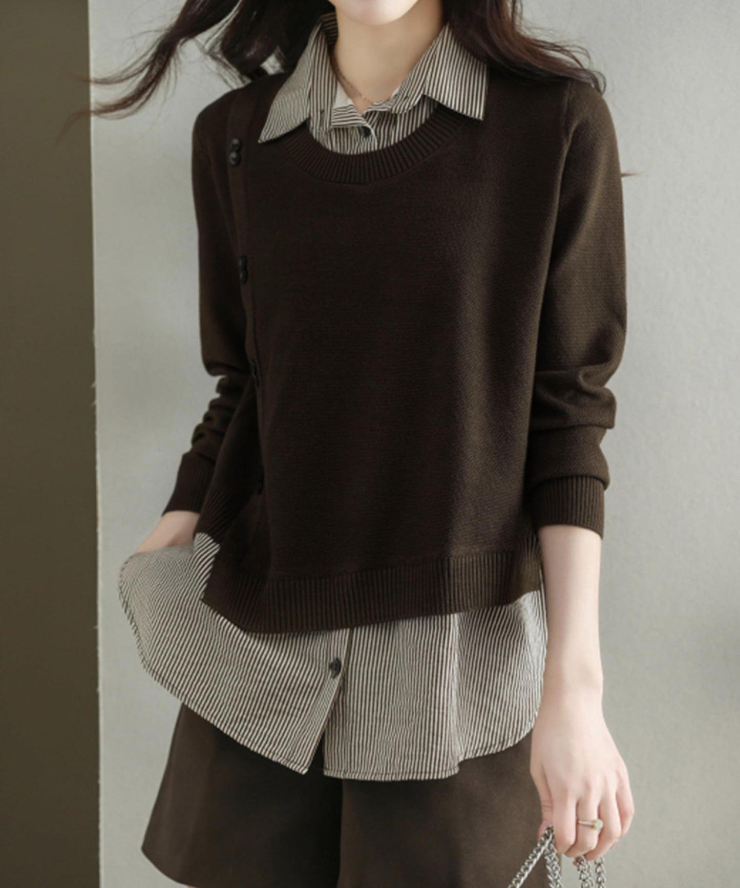 Womens Knit Long Sleeve Patchwork Blouse Tops - LAI MENG FIVE CATS