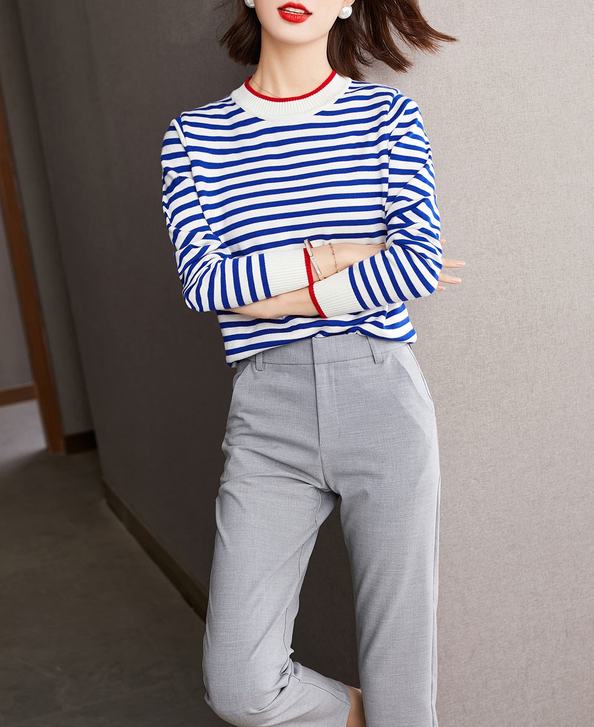 Women's Fall Lightweight Sweater Striped Knit Pullover Tops - LAI MENG FIVE CATS