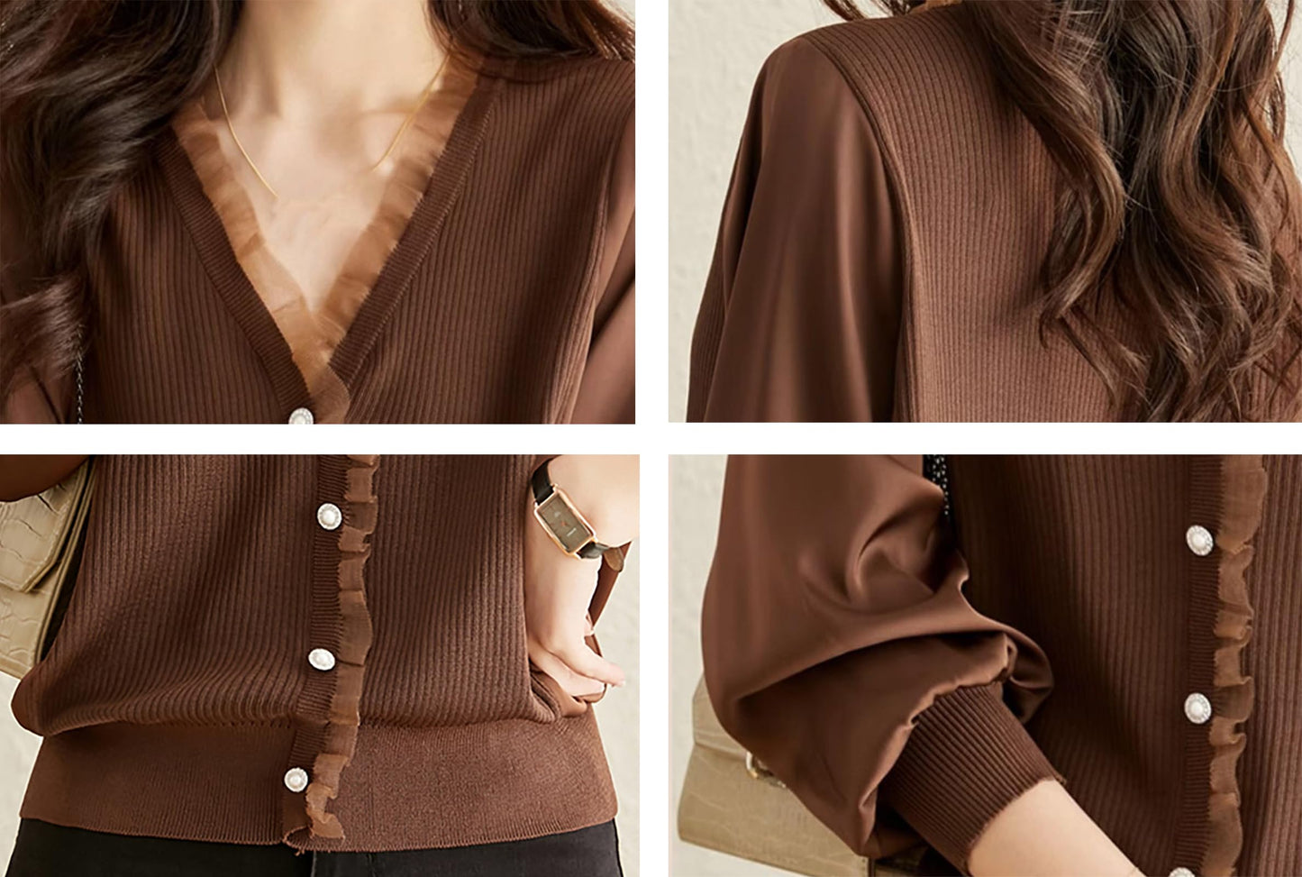 Knit Patchwork Button Casual Blouse Tops - LAI MENG FIVE CATS