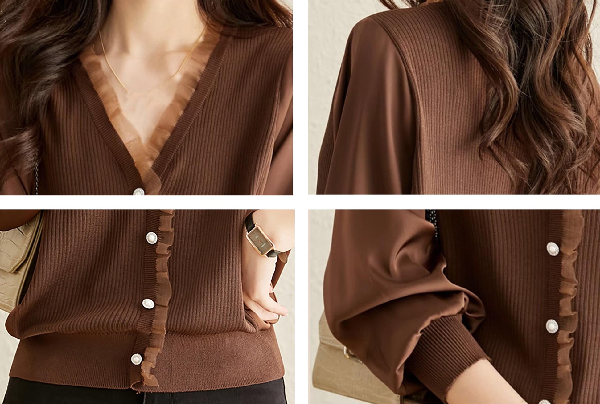 Knit Patchwork Button Casual Blouse Tops - LAI MENG FIVE CATS