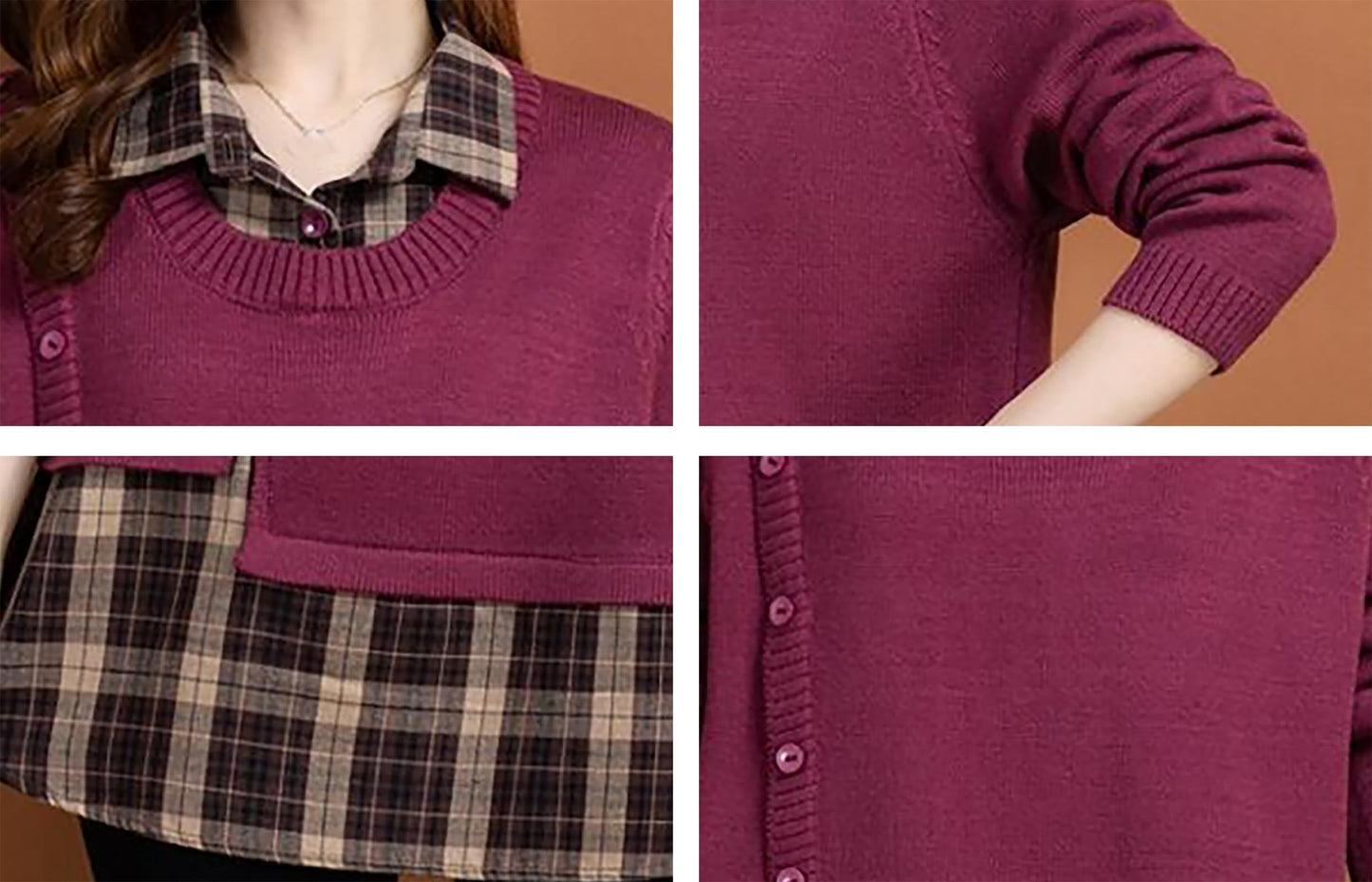 Knit Collar Patchwork Blouse Tops - LAI MENG FIVE CATS