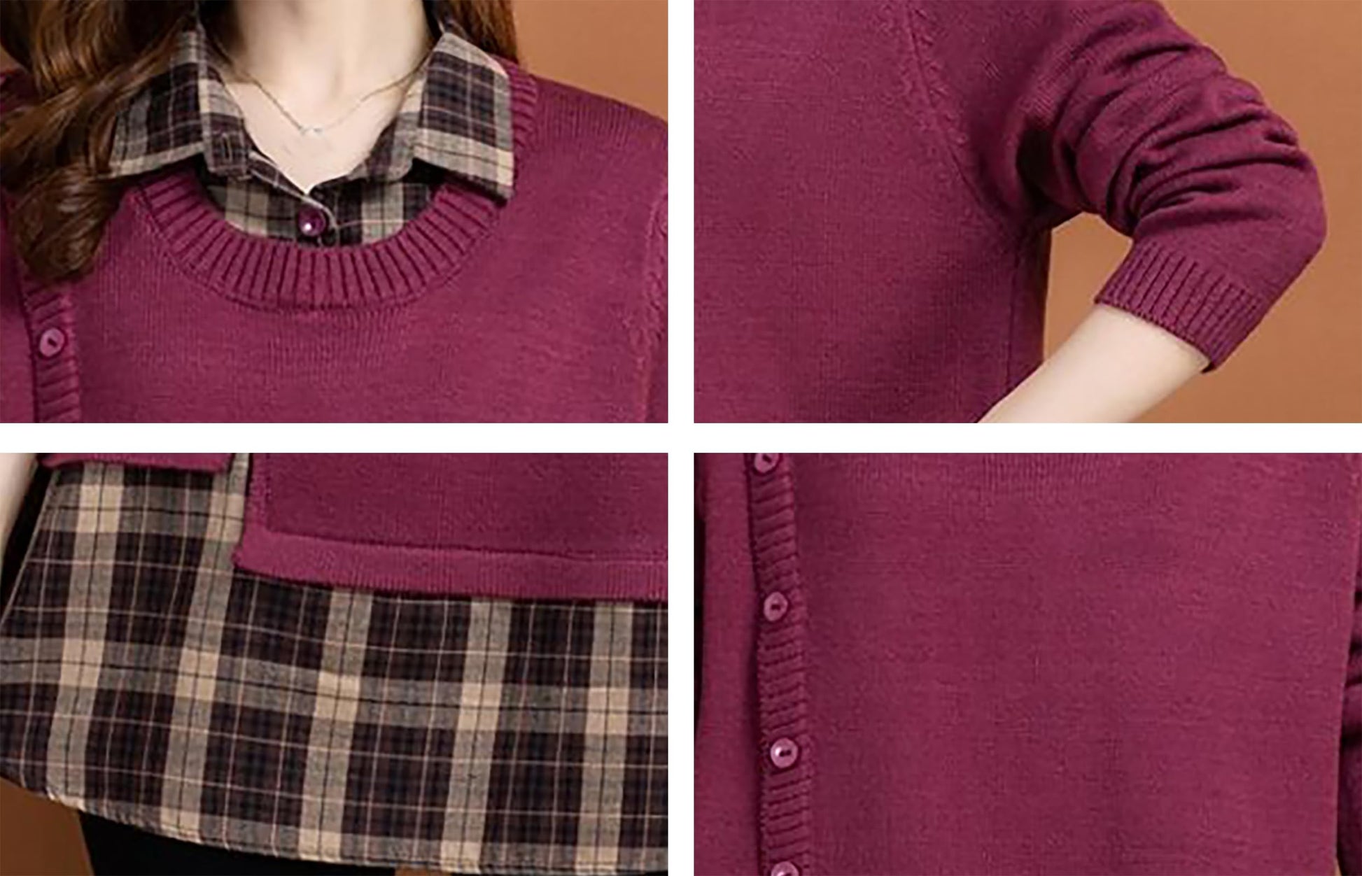 Knit Collar Patchwork Blouse Tops - LAI MENG FIVE CATS