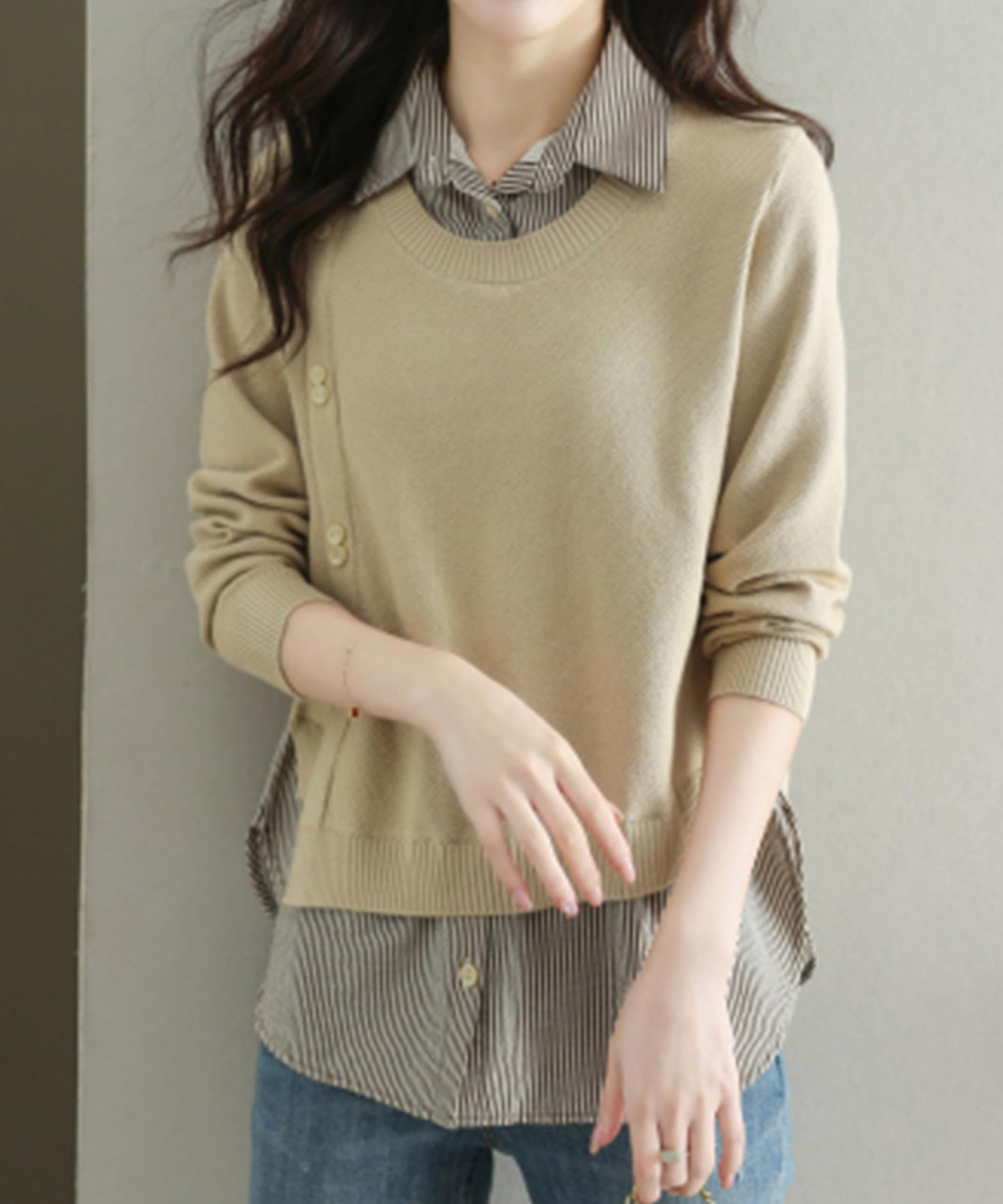 Womens Knit Long Sleeve Patchwork Blouse Tops - LAI MENG FIVE CATS