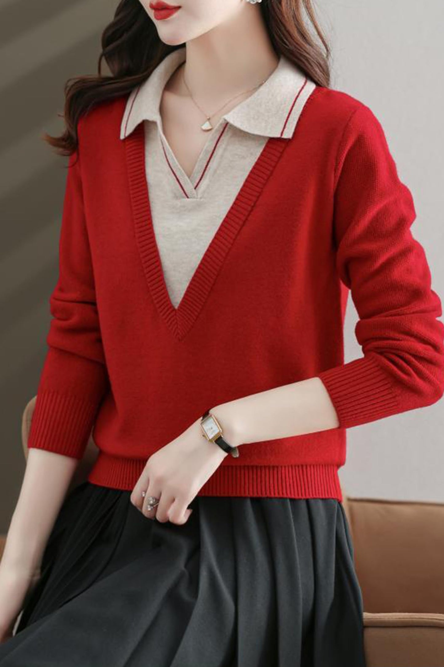 Collar Shirt V-Neck Patchwork Blouse Top - LAI MENG FIVE CATS
