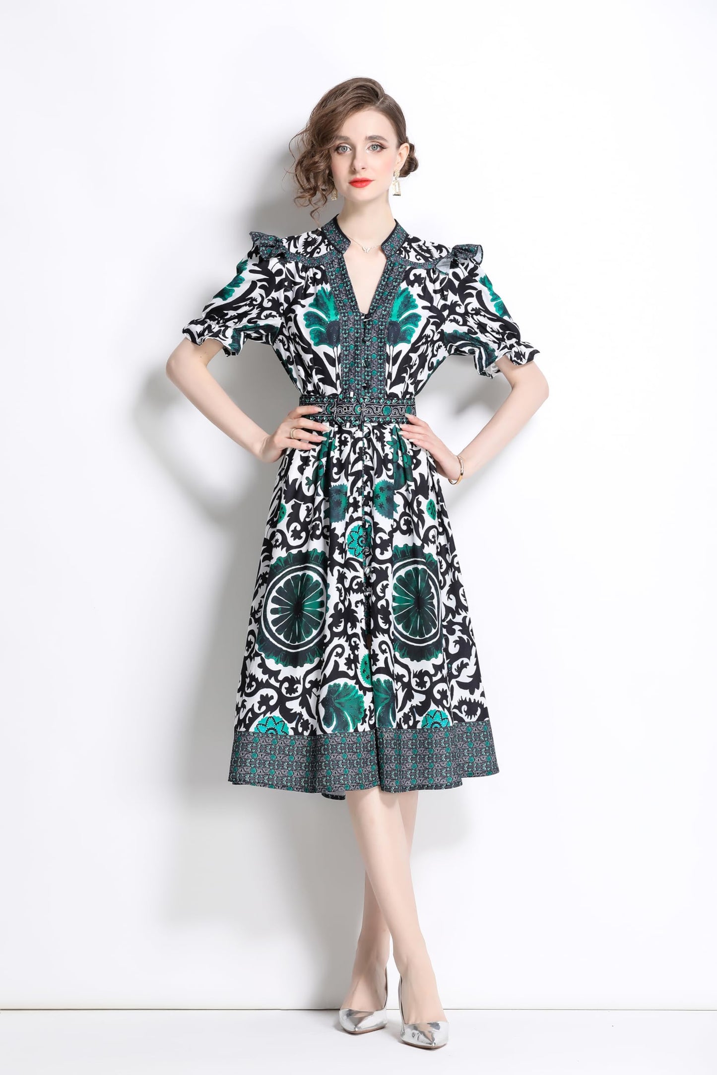 BK-Short Puff Sleeve Floral Midi Dress - LAI MENG FIVE CATS