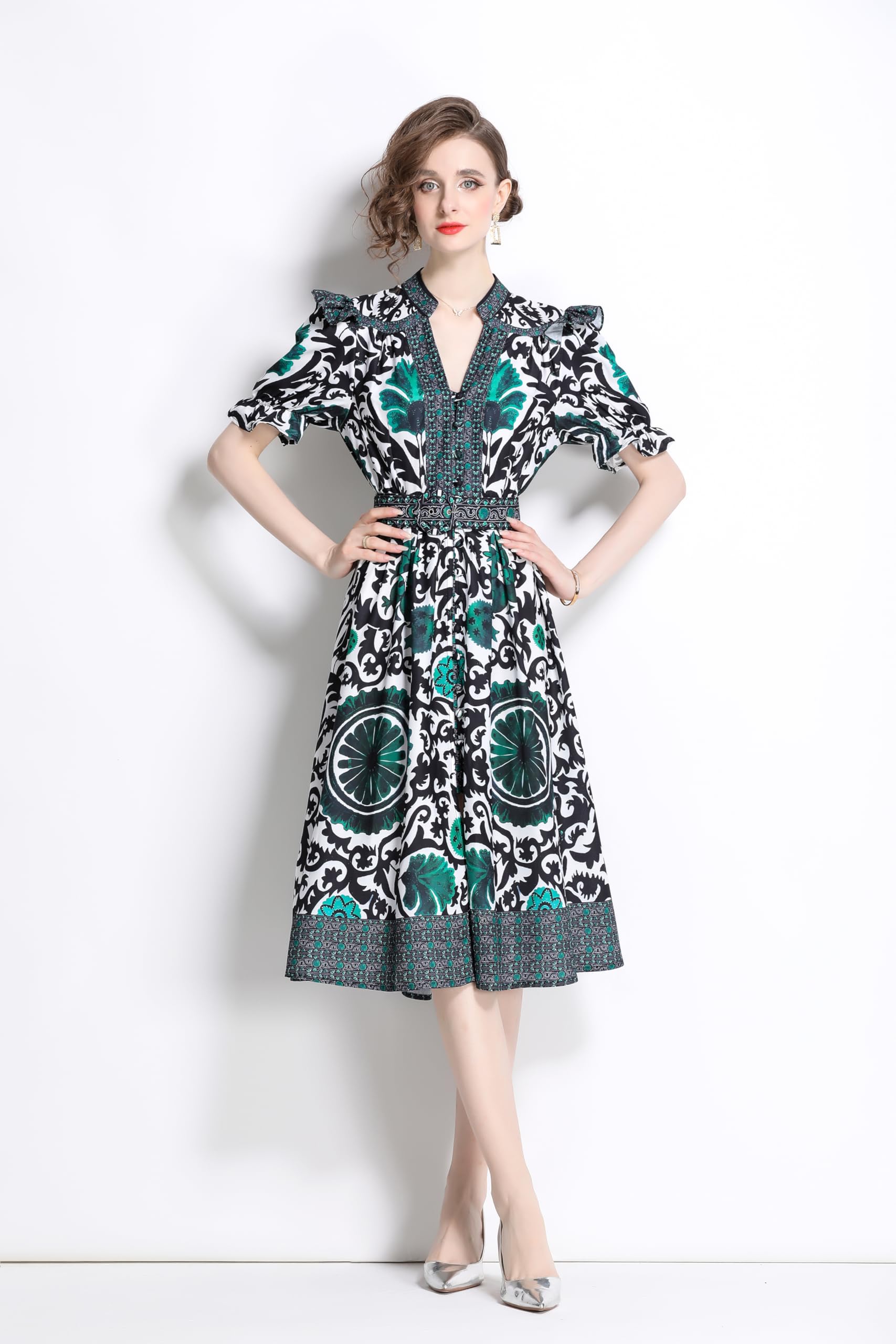 BK-Short Puff Sleeve Floral Midi Dress - LAI MENG FIVE CATS