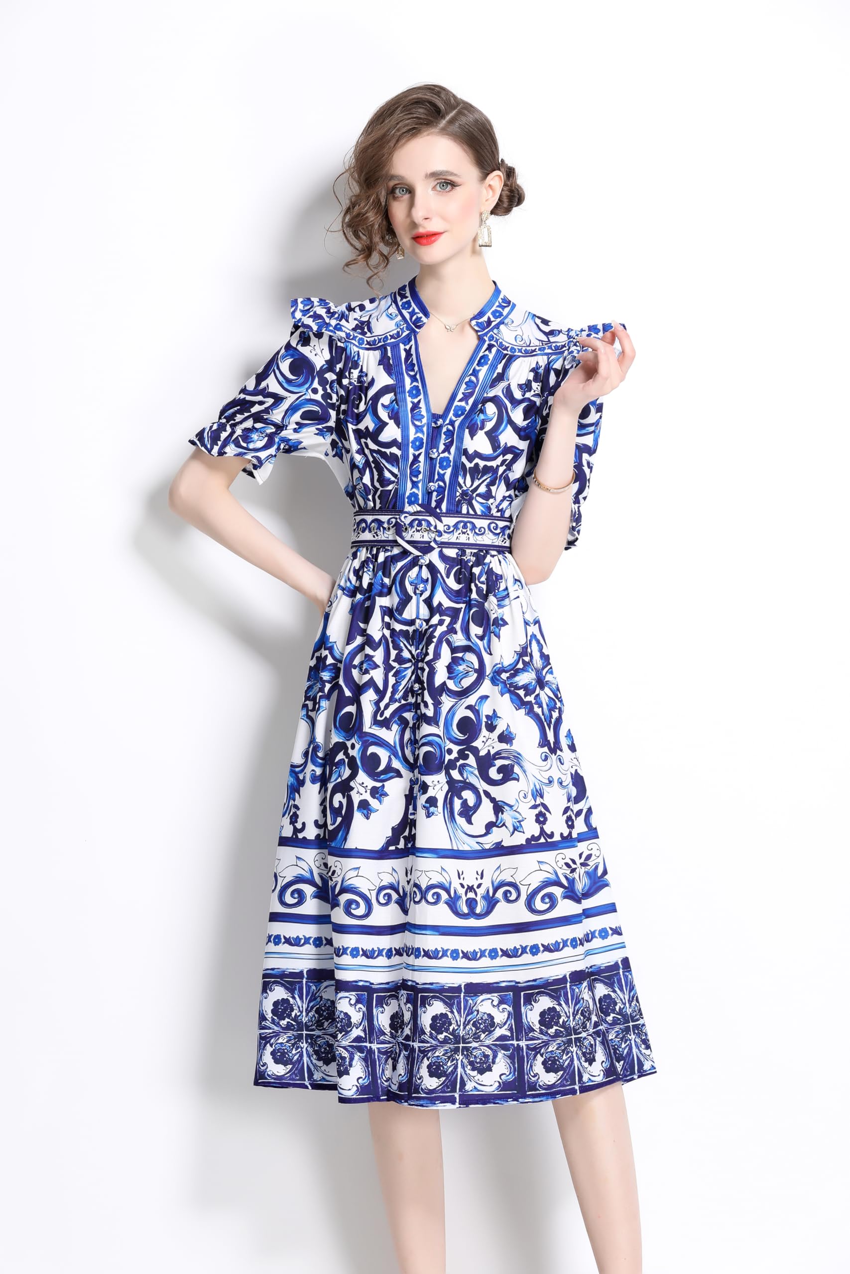 BK-Short Puff Sleeve Floral Midi Dress - LAI MENG FIVE CATS